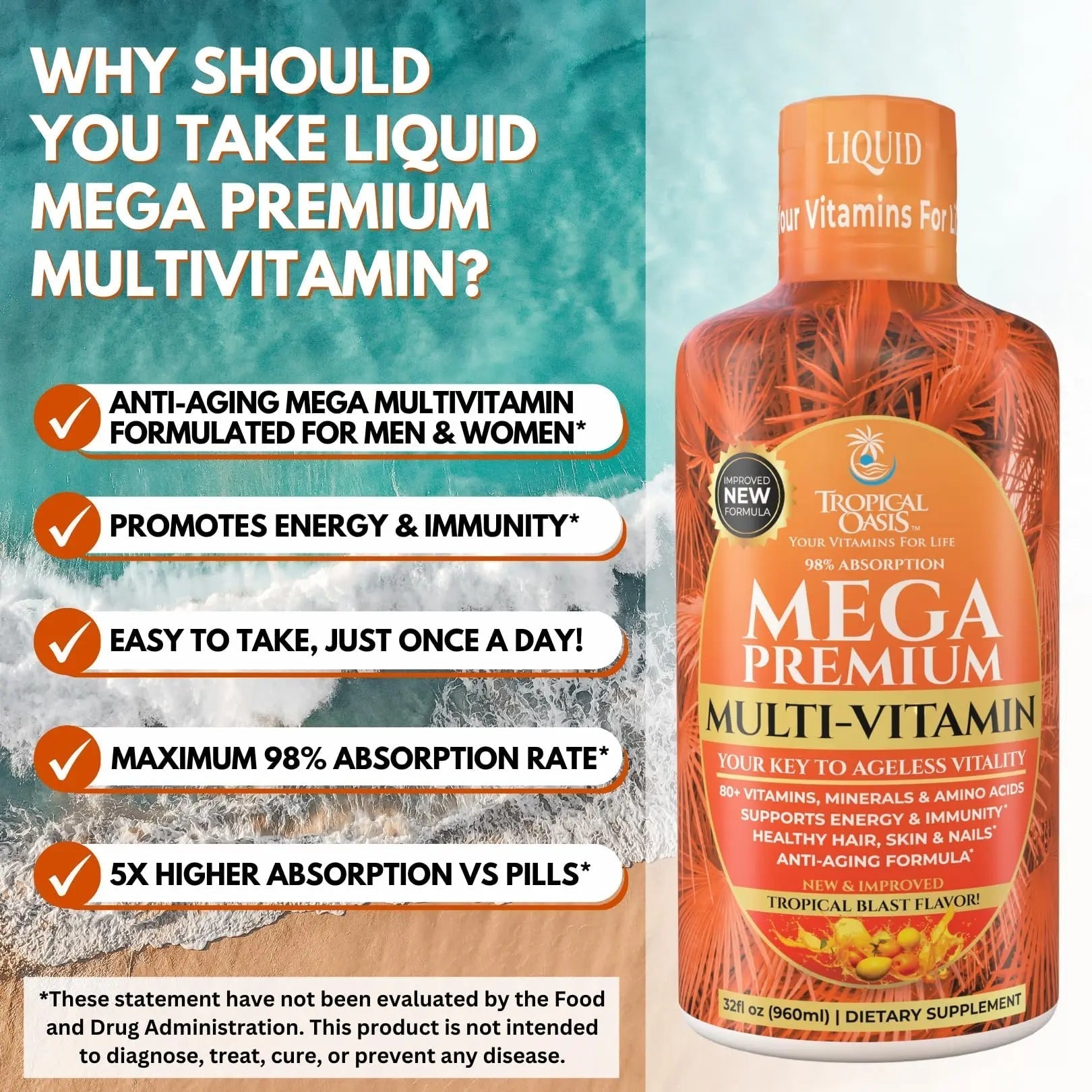 Mega Premium Liquid Multivitamin | Natural Immune Support Vitamin w/ 1333% Vitamin C, 200% D3, Zinc + 20 Vitamins, 70 Minerals Tropical Oasis Au supplements