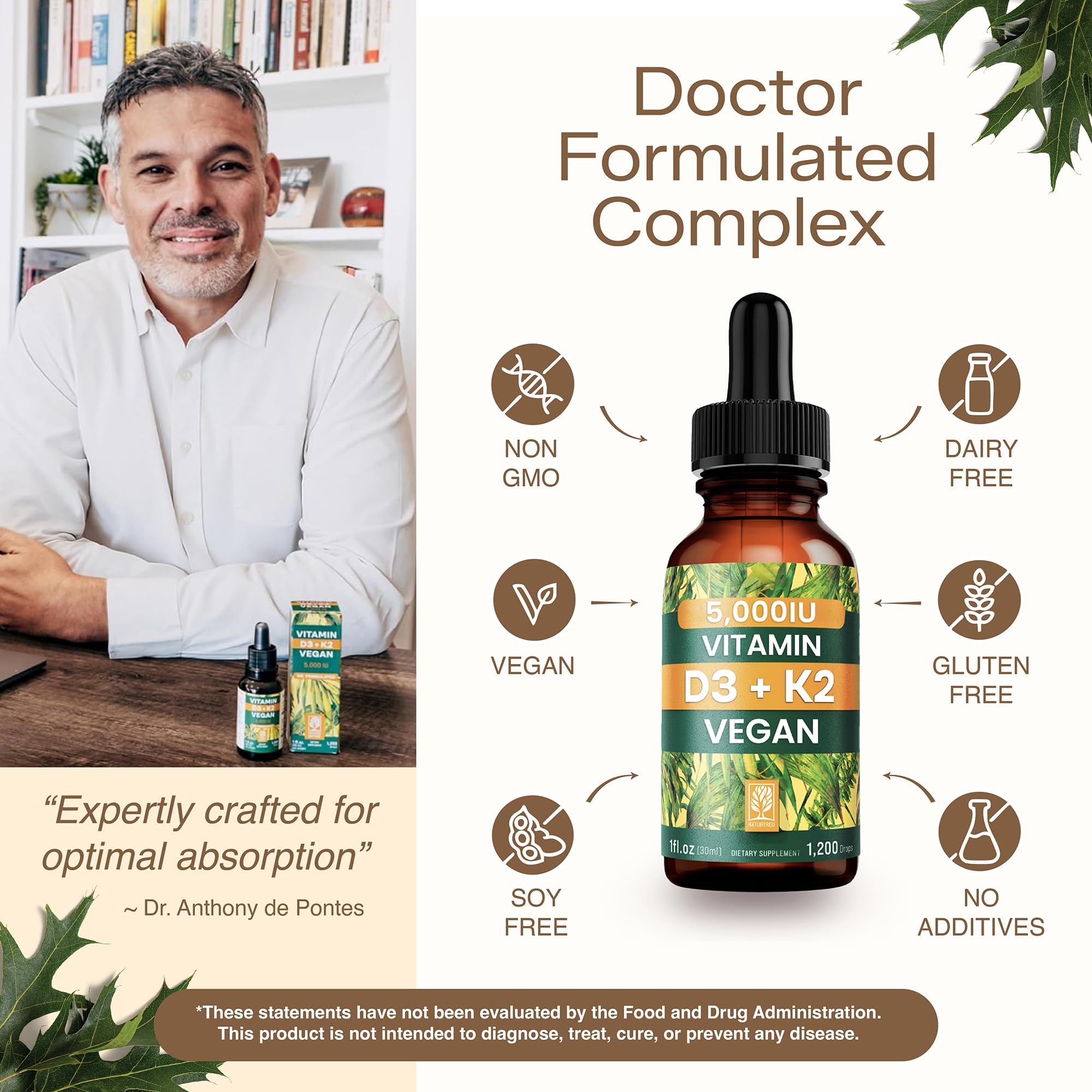 NATURTREU Vegan Vitamin D3 K2 Liquid Drops with MCT Oil for Adults (240 Servings) - Liquid Vitamin D K2 MK7 - All Natural, Non-GMO & Dr Formulated with 3X More Absorption - Third-Party Tested NATURTREU Au supplements