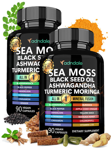 Adndale Sea Moss Capsules - Sea Moss Blend with Ashwagandha, Turmeric & Black Seed Oil - 180 Count Adndale Au supplements