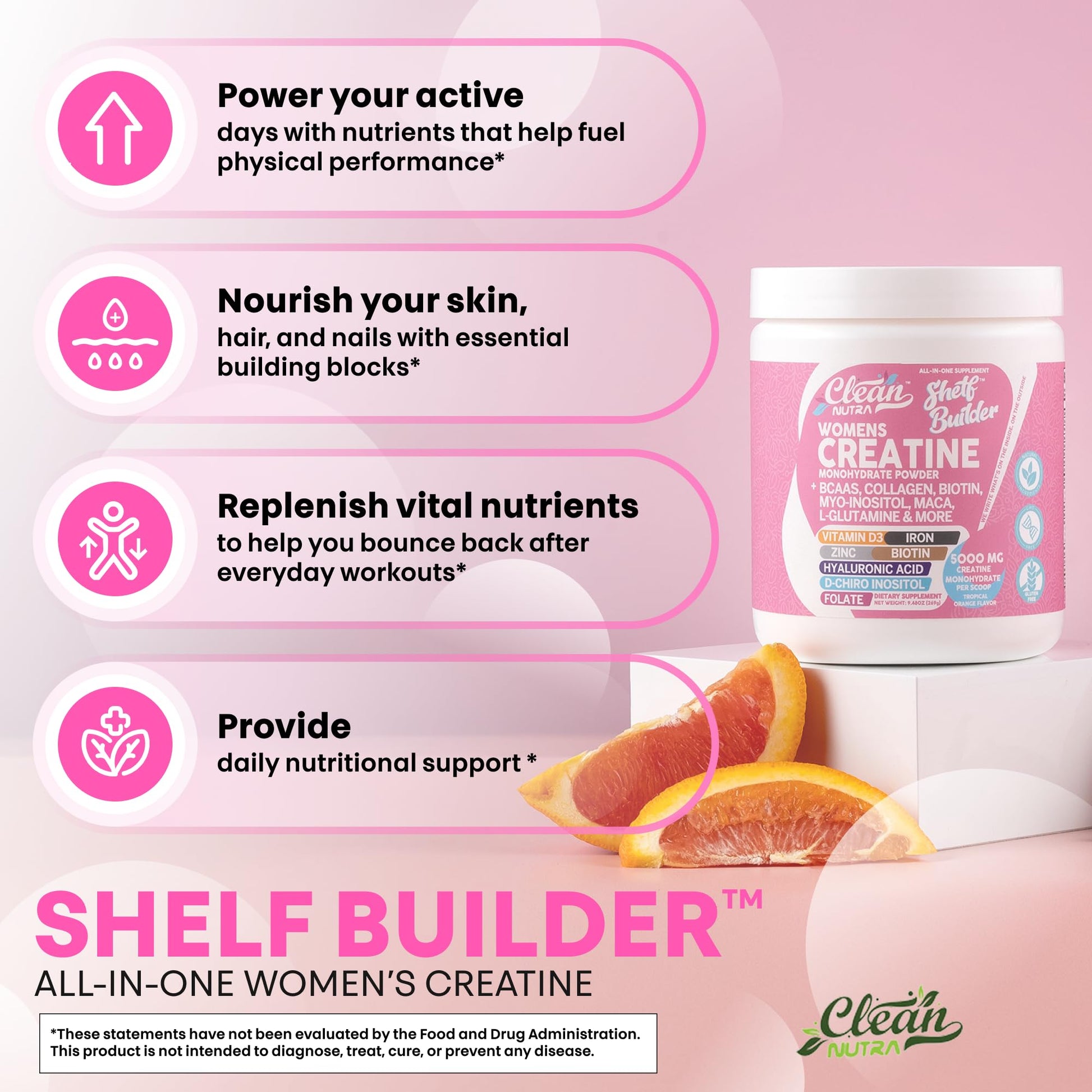 Creatine for Women | Creatine Monohydrate + BCAA Powder Myo-Inositol Collagen Biotin Hyaluronic Acid Folate L Glutamine Vitamin D3 Iron Zinc D-Chiro-Maca Digestion Shelf Builder by Clean Nutra Clean Nutraceuticals Au supplements