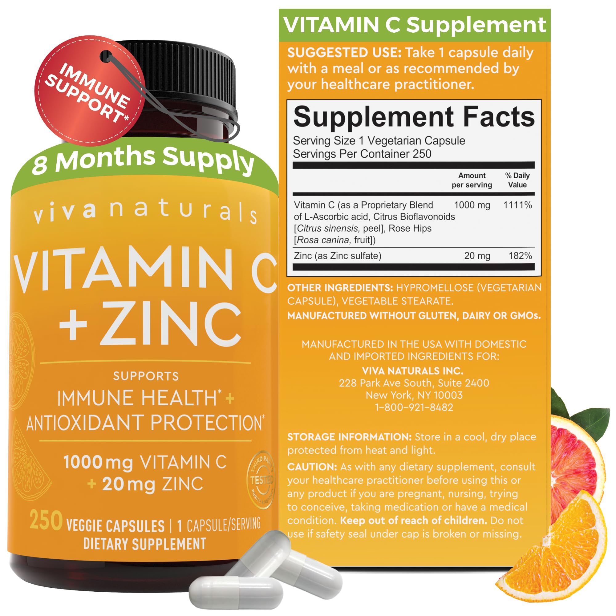 Viva Naturals Vitamin C and Zinc Supplement (250 Capsules) - 1000 mg Vitamin C with Zinc 20 mg Antioxidant Supplements for Immune Support, Vitamin Supplement for Adults Viva Naturals Au supplements
