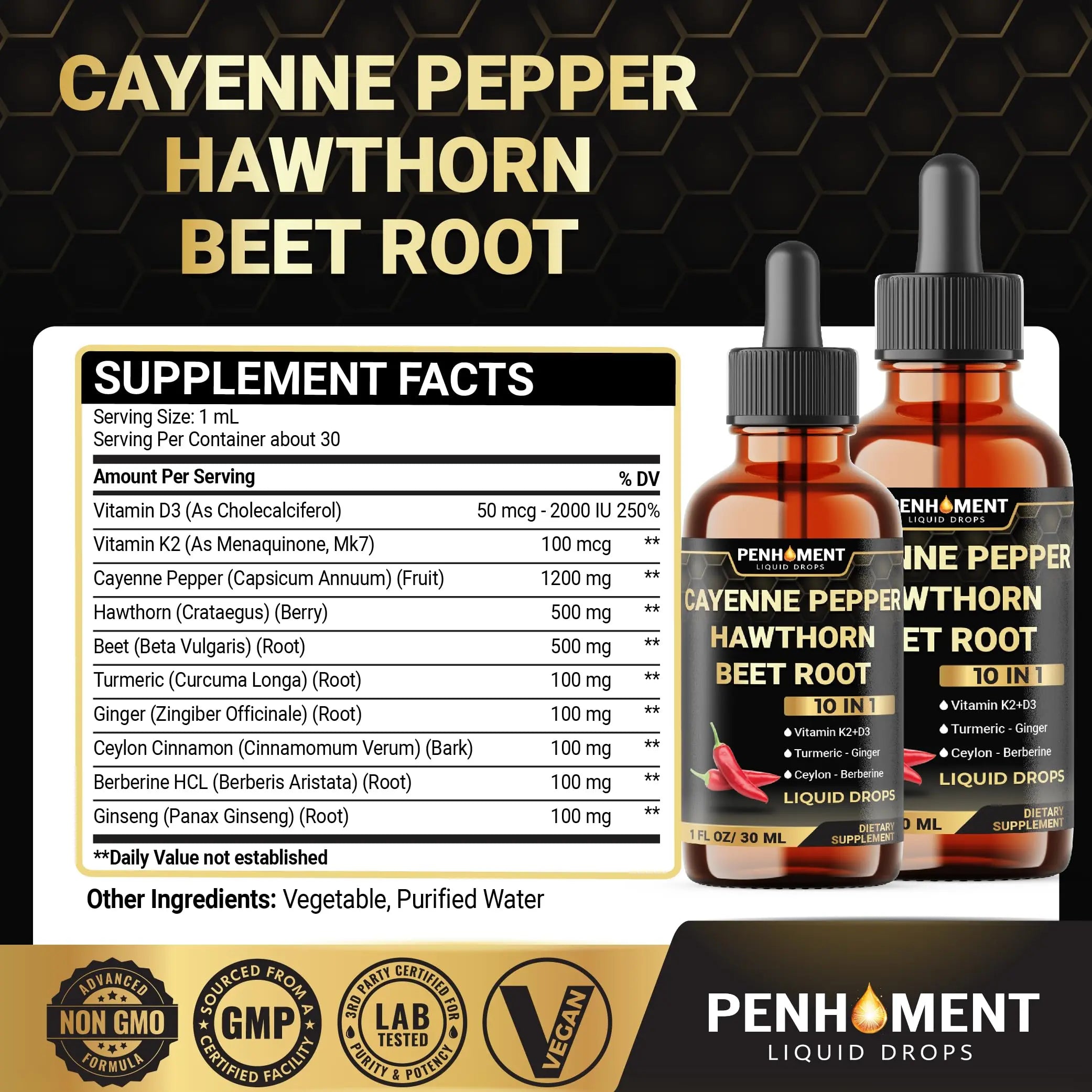 Penhoment 2 Packs - 2700 mg 10in1 Cayenne Pepper Liquid Drops with Hawthorn Berry, Vitamin D3 K2, Beet Root, Ginger Turmeric, Ginger, Ceylon Cinnamon, Berberine, and Ginseng - 2 Months Penhoment Au supplements