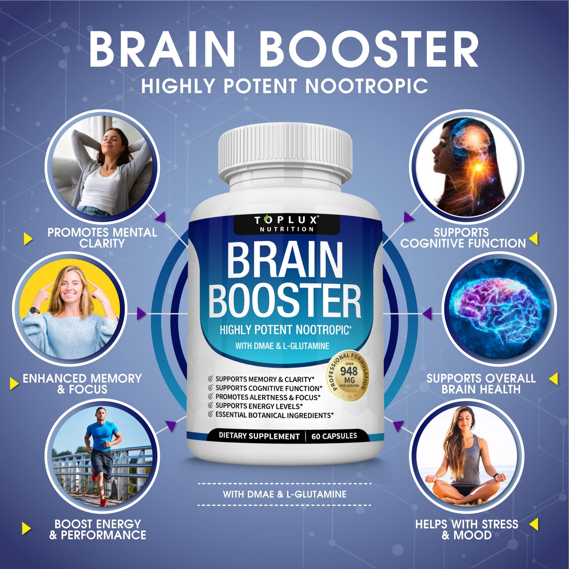 Toplux Brain Supplement Nootropic – Brain Pills Vitamin with DMAE, Bacopa Monnieri, L-Gutamine, for Men Women, 60 Capsules, Nutrition Toplux Au supplements