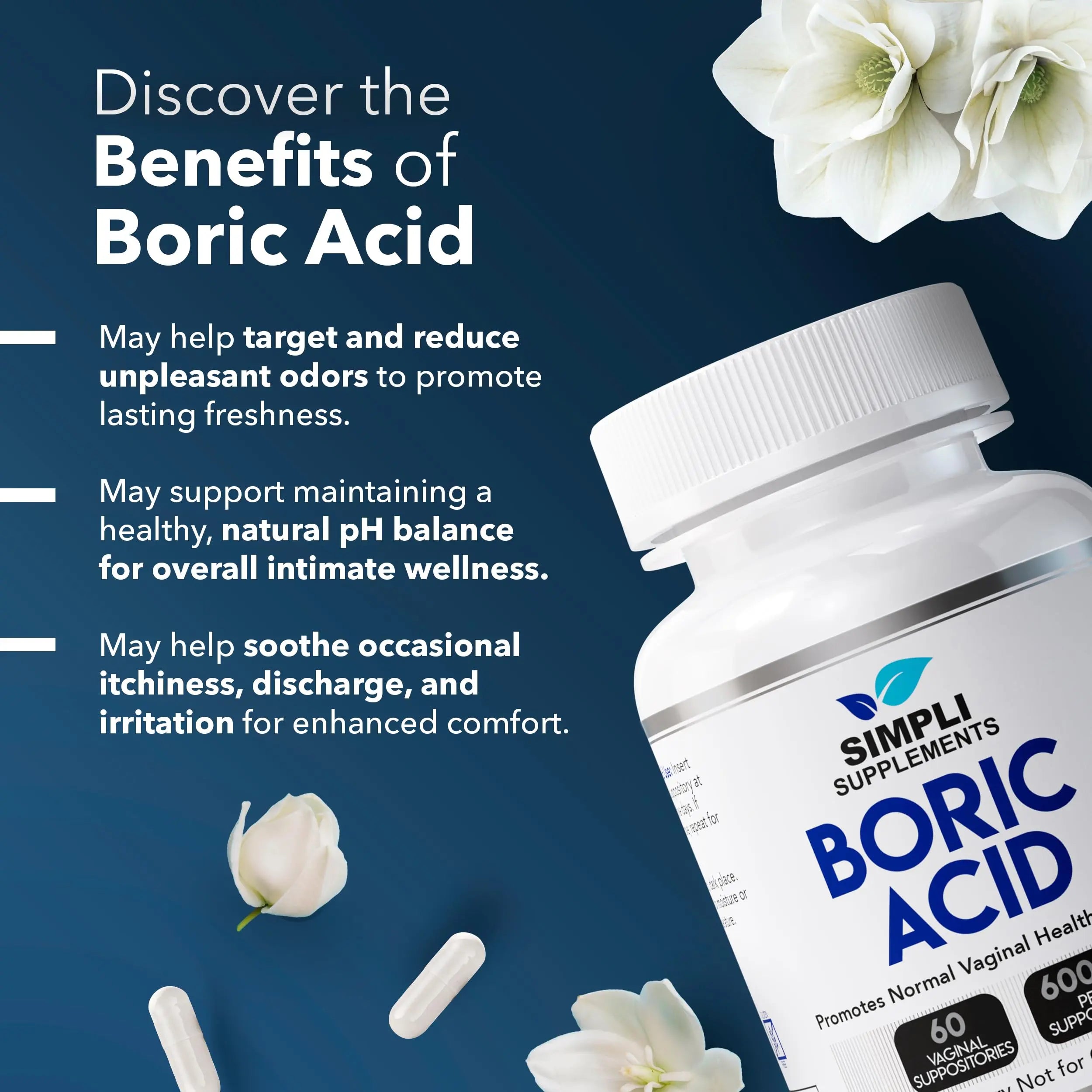 Simpli Supplements Boric Acid Suppositories for Women 600mg – 60 Count | Vaginal pH Balance Support | Feminine Care | Helps Maintain Freshness & Odor Control Simpli Supplements Au supplements