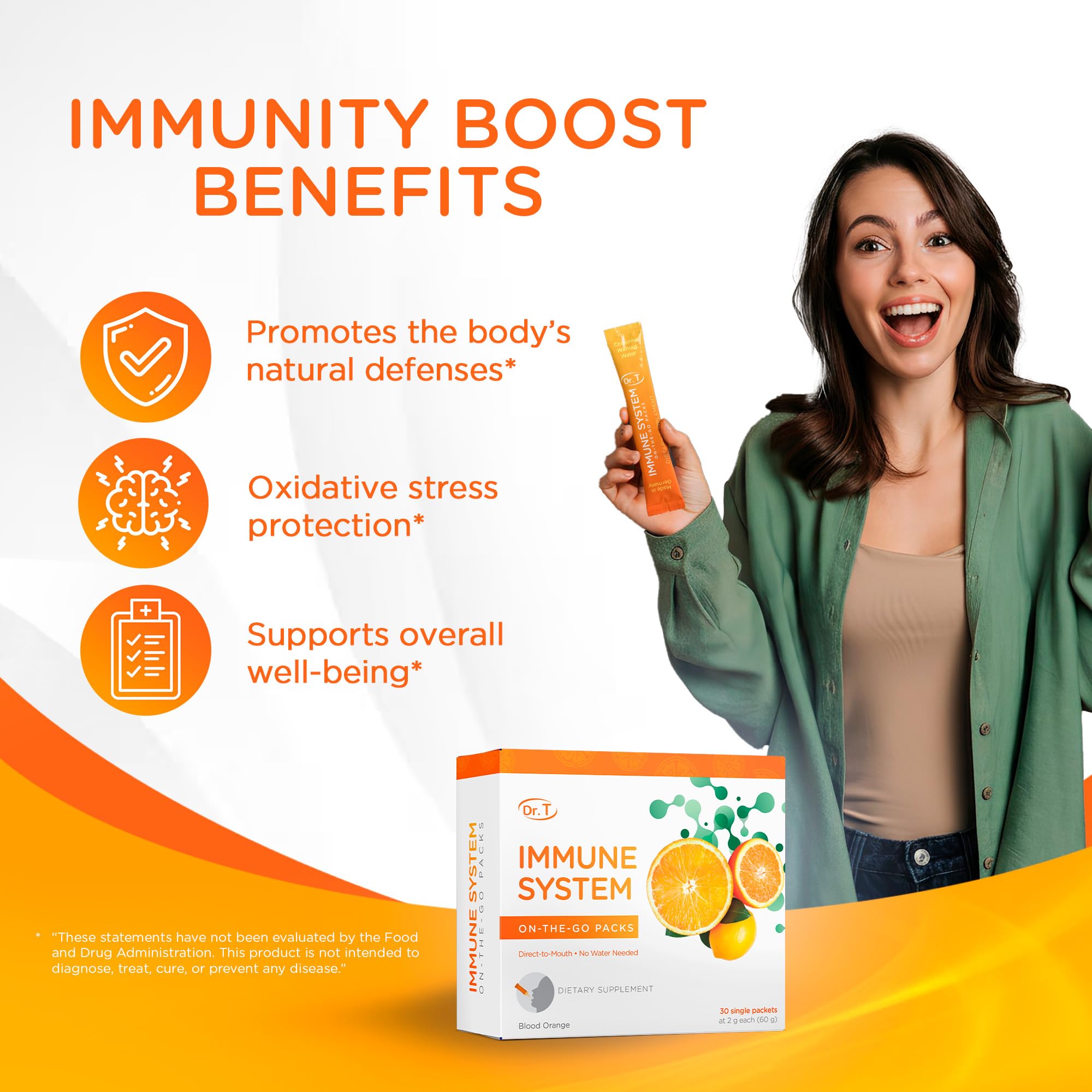 Dr. T On-the-go Packs – Immune System Formula – No Water Needed, Direct-to-Mouth – with Vitamins C, E, Zinc & Selenium – Supports Daily Wellness, Vitality & Overall Health – Orange, 30 Packs Dr. T Au supplements