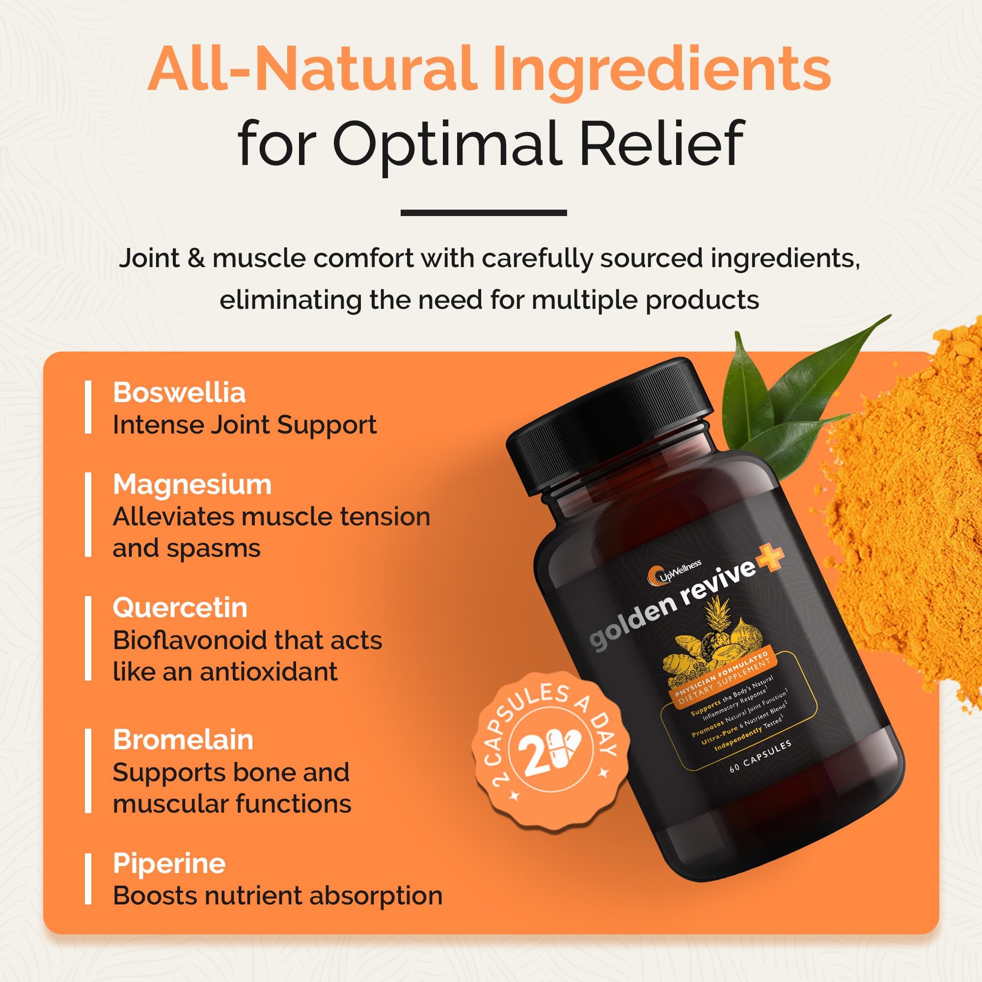 UpWellness Golden Revive + Joint Support Supplement Featuring Turmeric with Black Pepper, Quercetin, and Magnesium- Turmeric Boswellia Supplement - 6 Active Ingredients for Joint Care - 60 Capsules UpWellness Au supplements