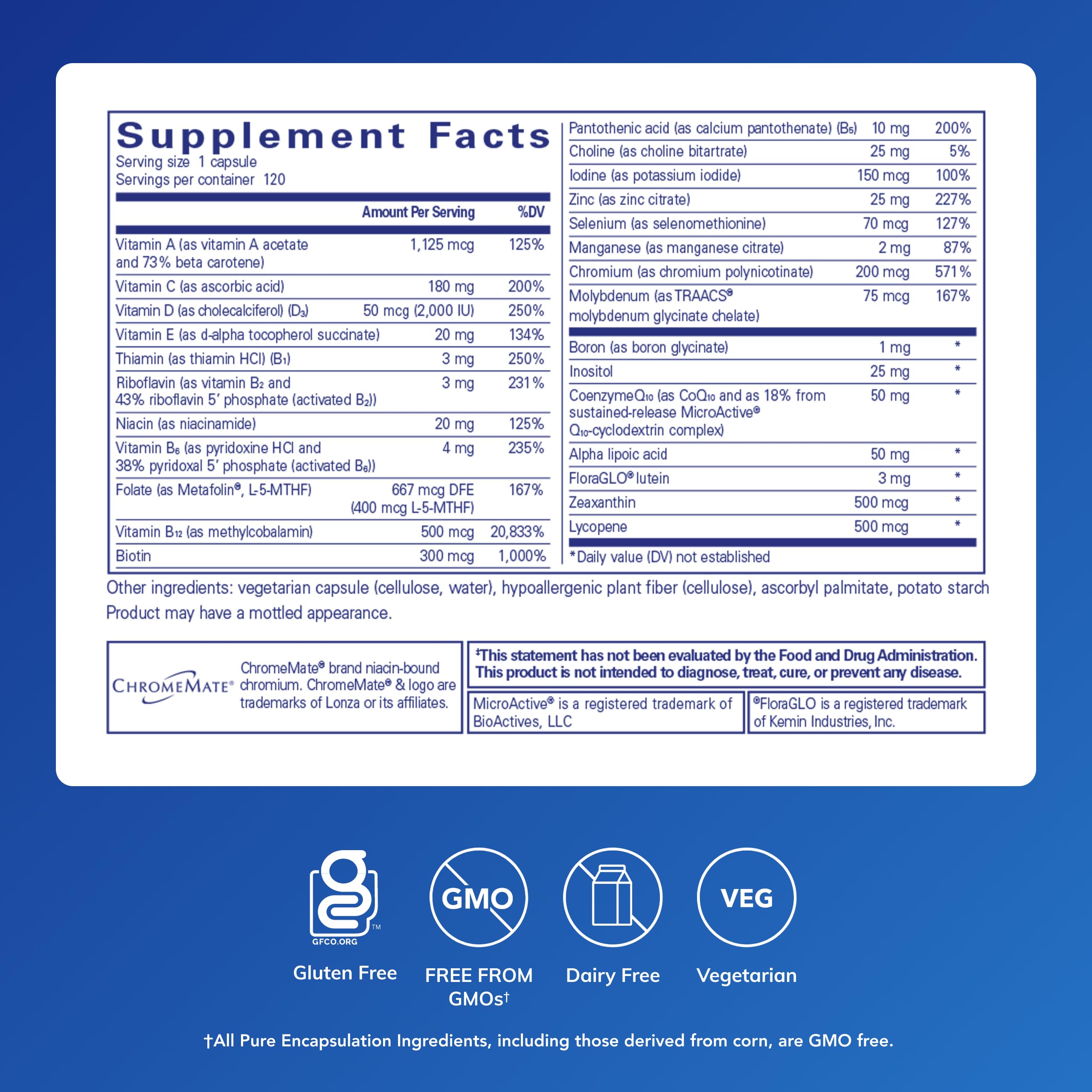 Pure Encapsulations O.N.E. Multivitamin - Once Daily Multivitamin with Antioxidant Complex Metafolin, CoQ10, and Lutein to Support Vision, Cognitive Function, and Cellular Health* - 120 Capsules Pure Encapsulations Au supplements