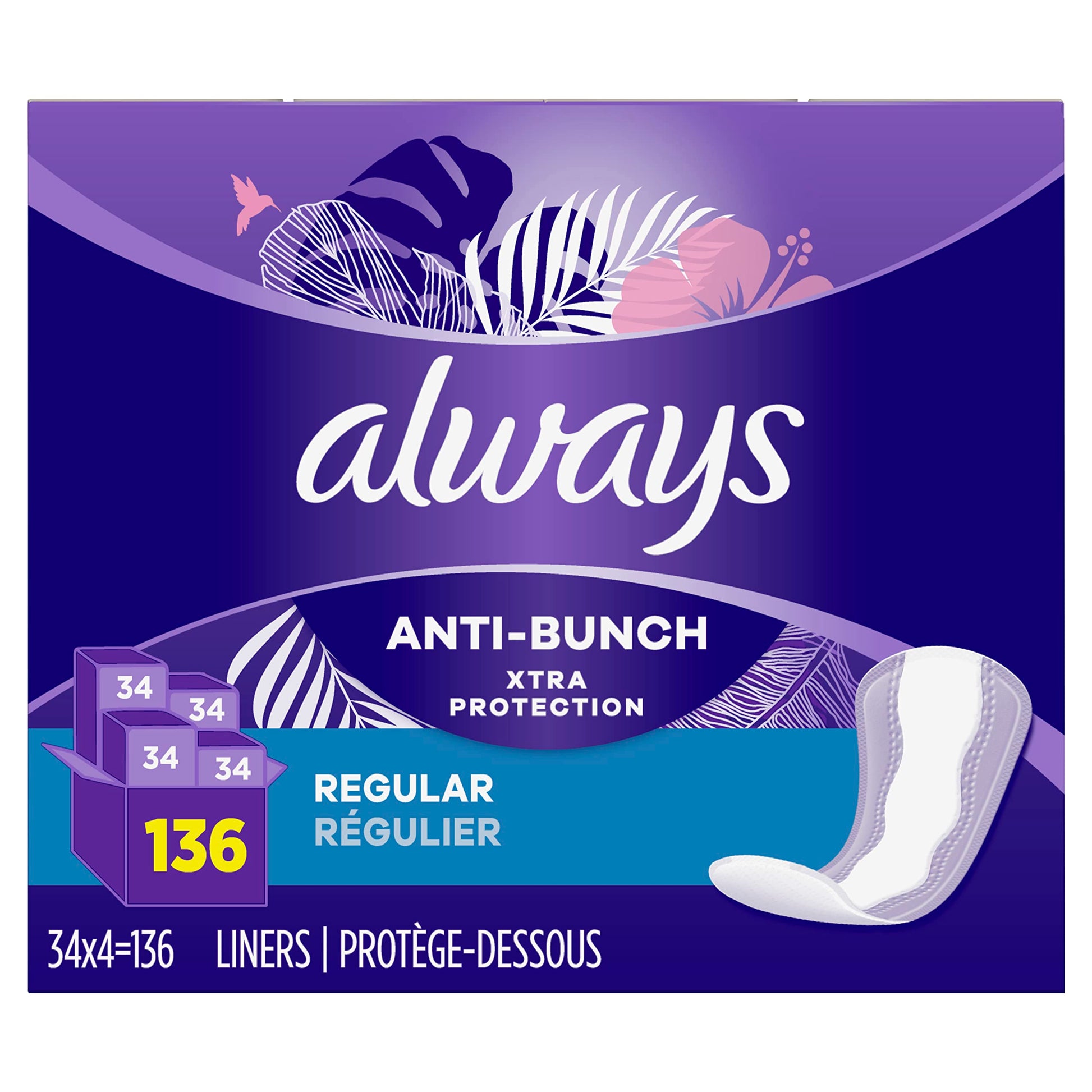 Always Anti-Bunch Xtra Protection Daily Liners, Regular Length, Unscented, 34 Count x 4 Always Au supplements