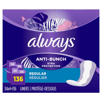 Always Anti-Bunch Xtra Protection Daily Liners, Regular Length, Unscented, 34 Count x 4 Always Au supplements