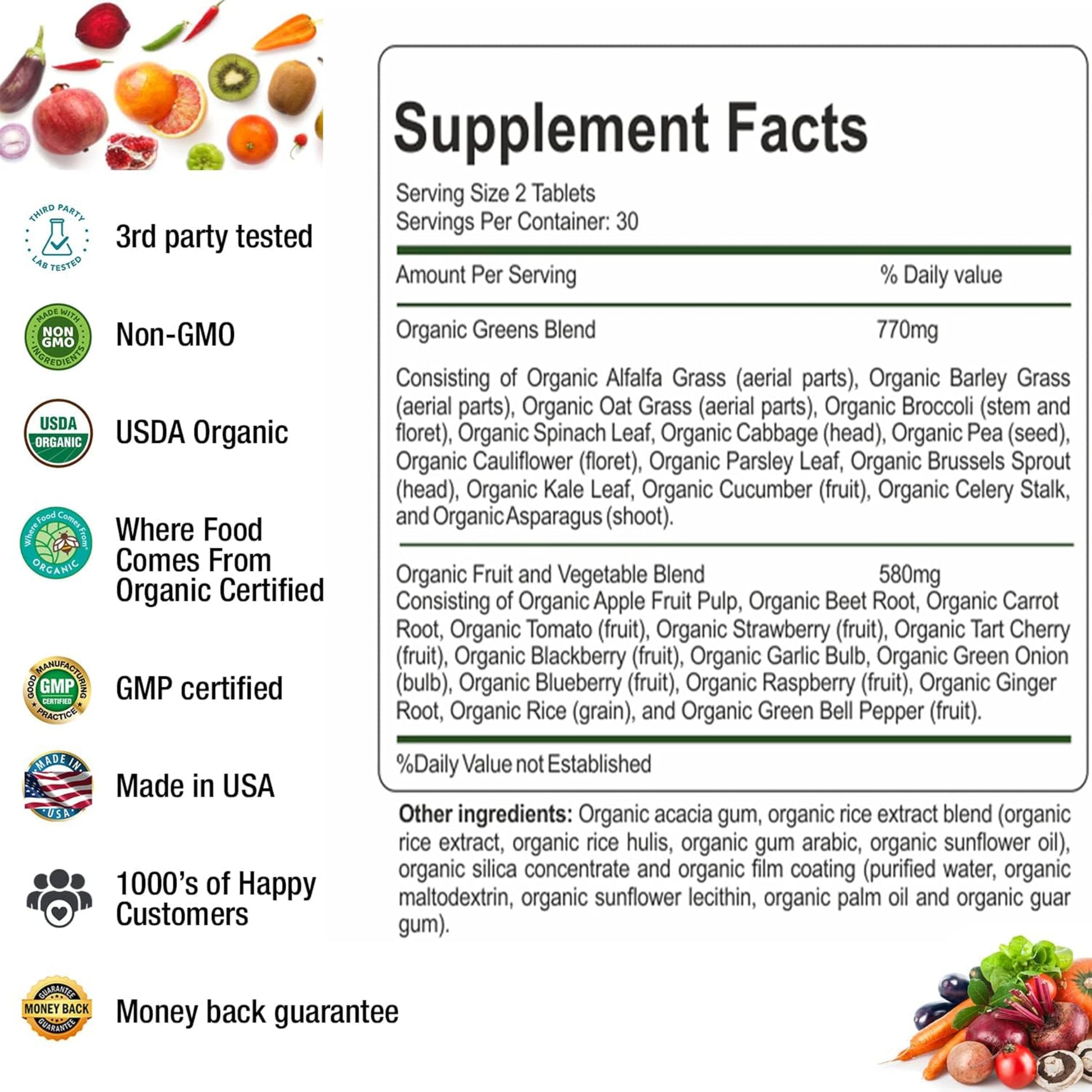 AAMATEC LIFE Organic Superfood Greens Fruits and Veggies Complex - Dietary Supplement with 14 Greens &14 Vegetables with Alfalfa Rich in Antioxidants Organic Ingredients Non-GMO (120 Count Pack of 2) AAMATEC LIFE Au supplements