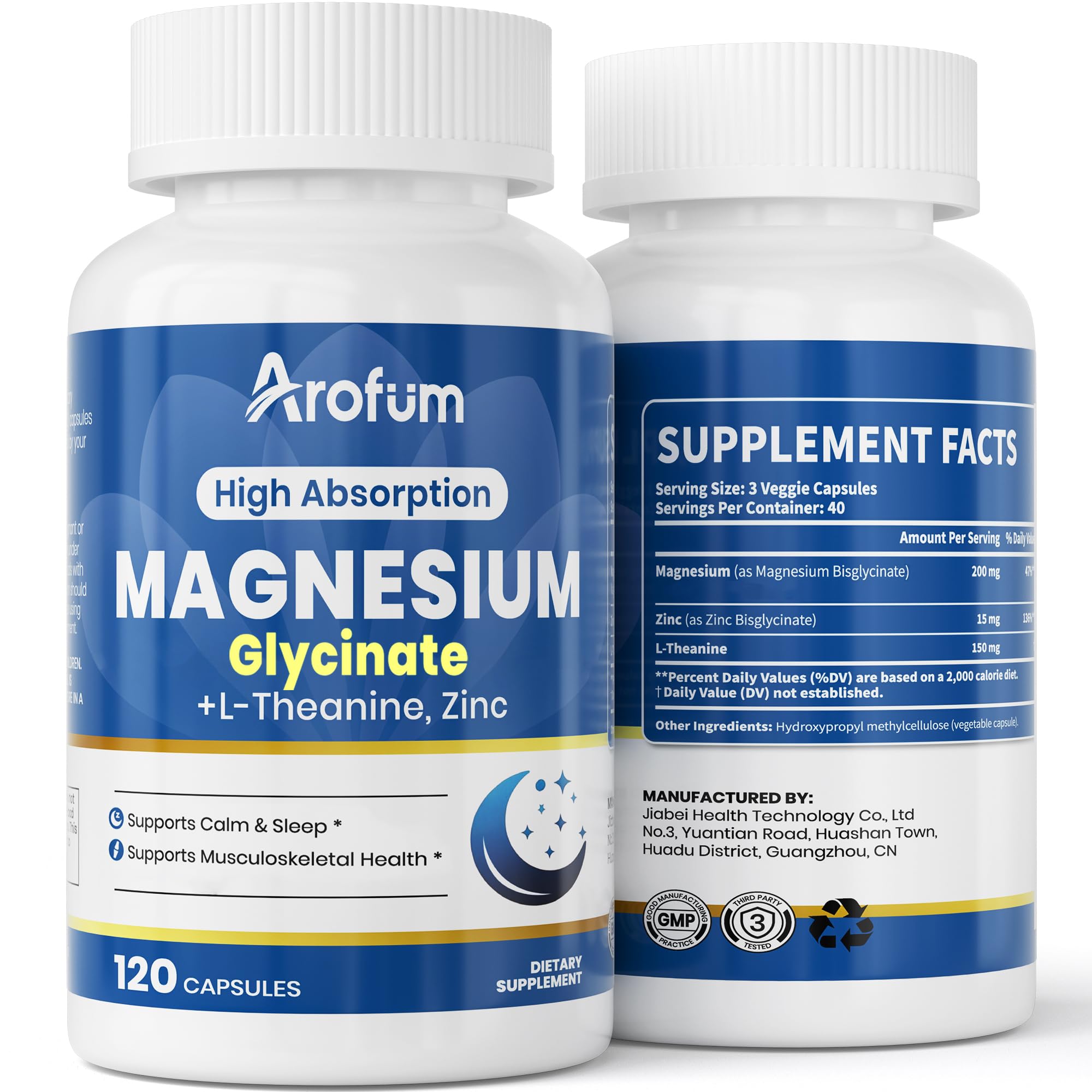 AROFUM Magnesium Glycine 200 mg, with L-theanine and Zinc Glycine – Magnesium Supplement to Help Soothe Emotions, Balance Stress, and Promote restful Sleep – Non-GMO Vegan Capsules, 120 Capsules Arofum Au supplements