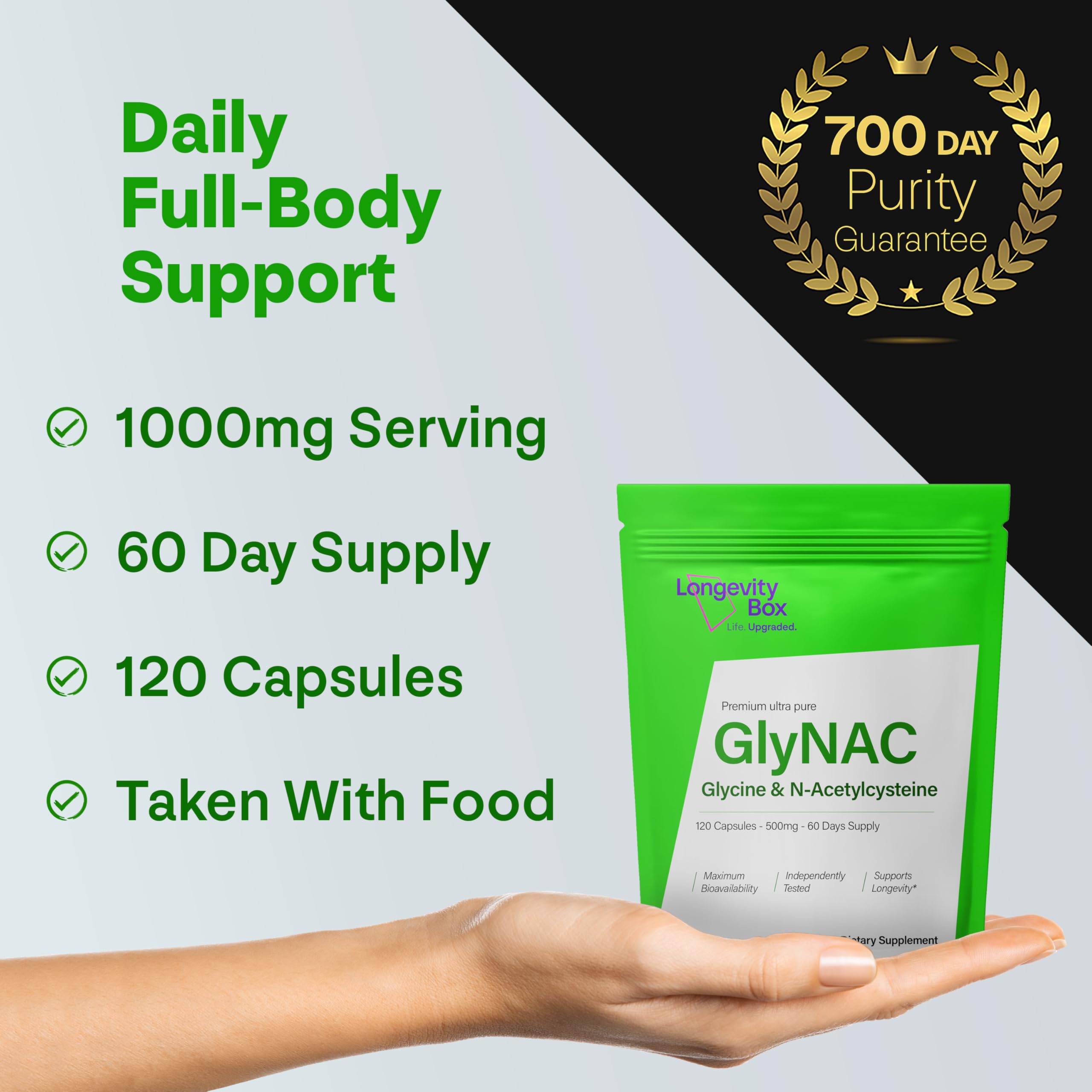 Longevity Box Ultra Pure GlyNAC Supplement 1000mg (500mg Glycine + 500mg N-Acetyl Cysteine) - Glutathione Precursor for Healthy Aging, Energy & Cellular Protection - 120 Vegan Capsules Longevity Box Au supplements