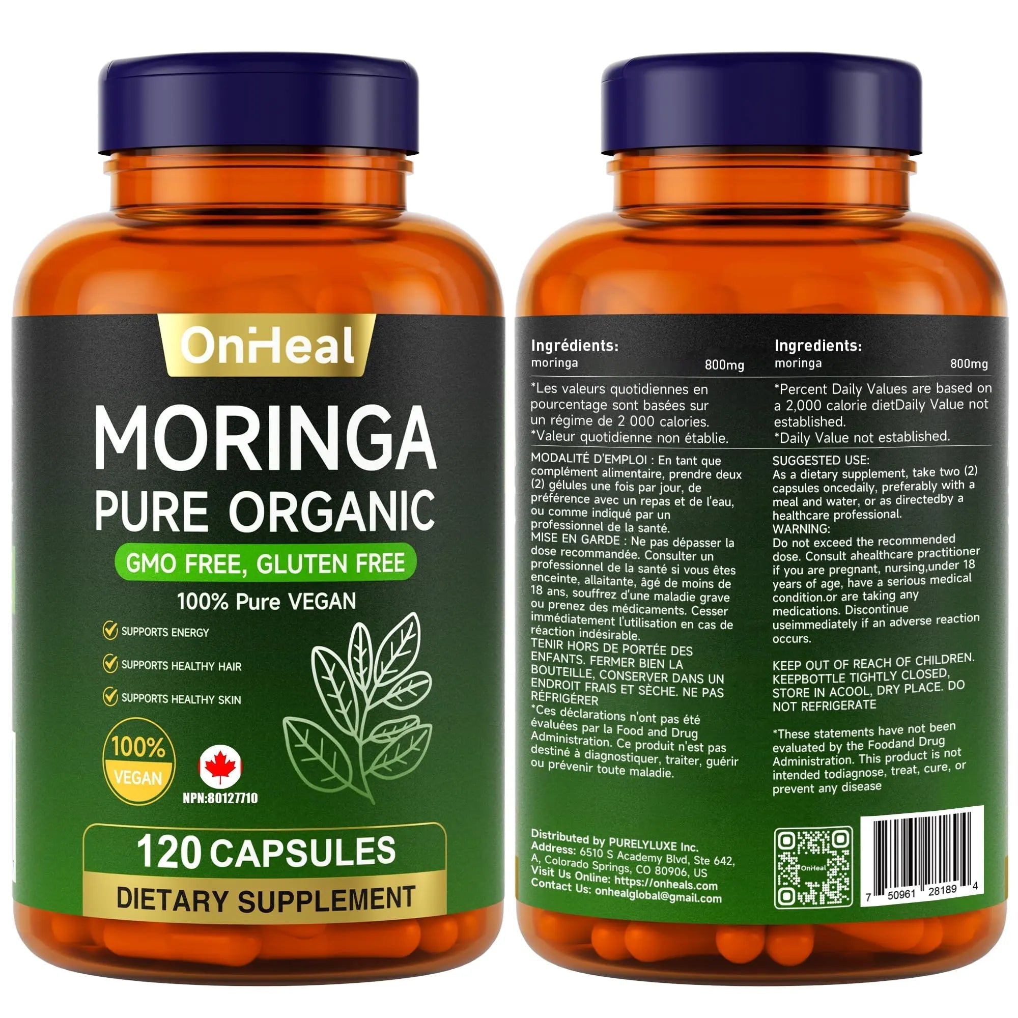 YBFQ Organic Moringa Capsules 1000 mg, 120 Count - Moringa Capsules with Organic Olefeira Powder, Supports Healthy Hair and Skin, Energy and Balance YBFQ Au supplements
