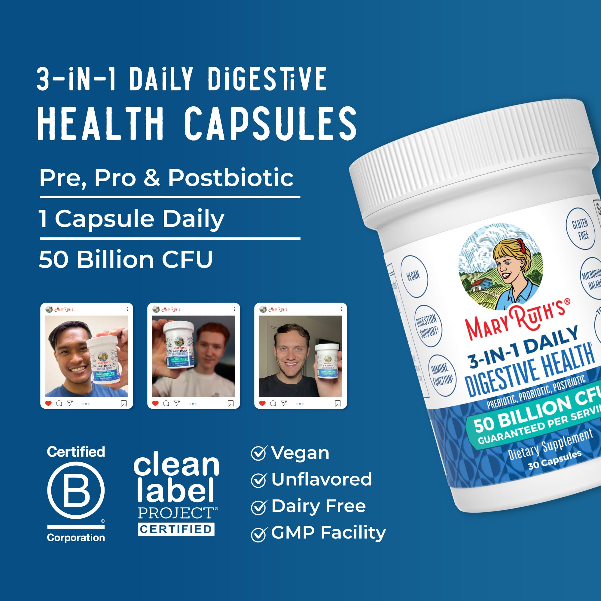 MaryRuth's 3-in-1 Probiotics for Digestive Health | Prebiotic & Postbiotic | Gut Health Supplement for Women & Men | 23 Unique Strains | Immune Support | 50 Billion CFU | 30 Servings MARYRUTH'S Au supplements