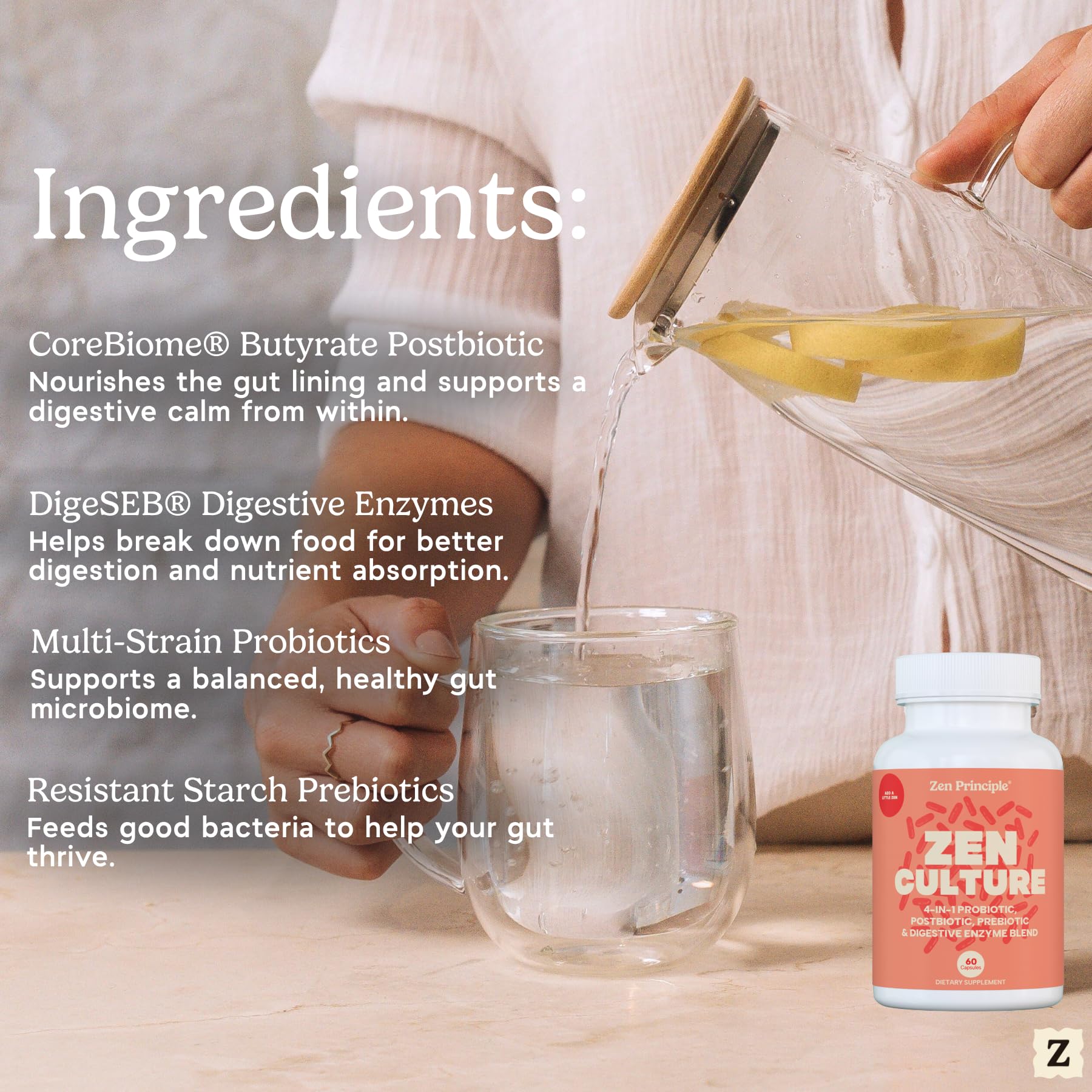 Zen Principle Zenculture™ – 4-in-1 Synbiotic Supplement (Probiotic + Prebiotic + Postbiotic + Digestive Enzymes) with CoreBiome®. Anti Bloating, Immune & Brain-Gut Health. 120 Capsules Zen Principle Au supplements