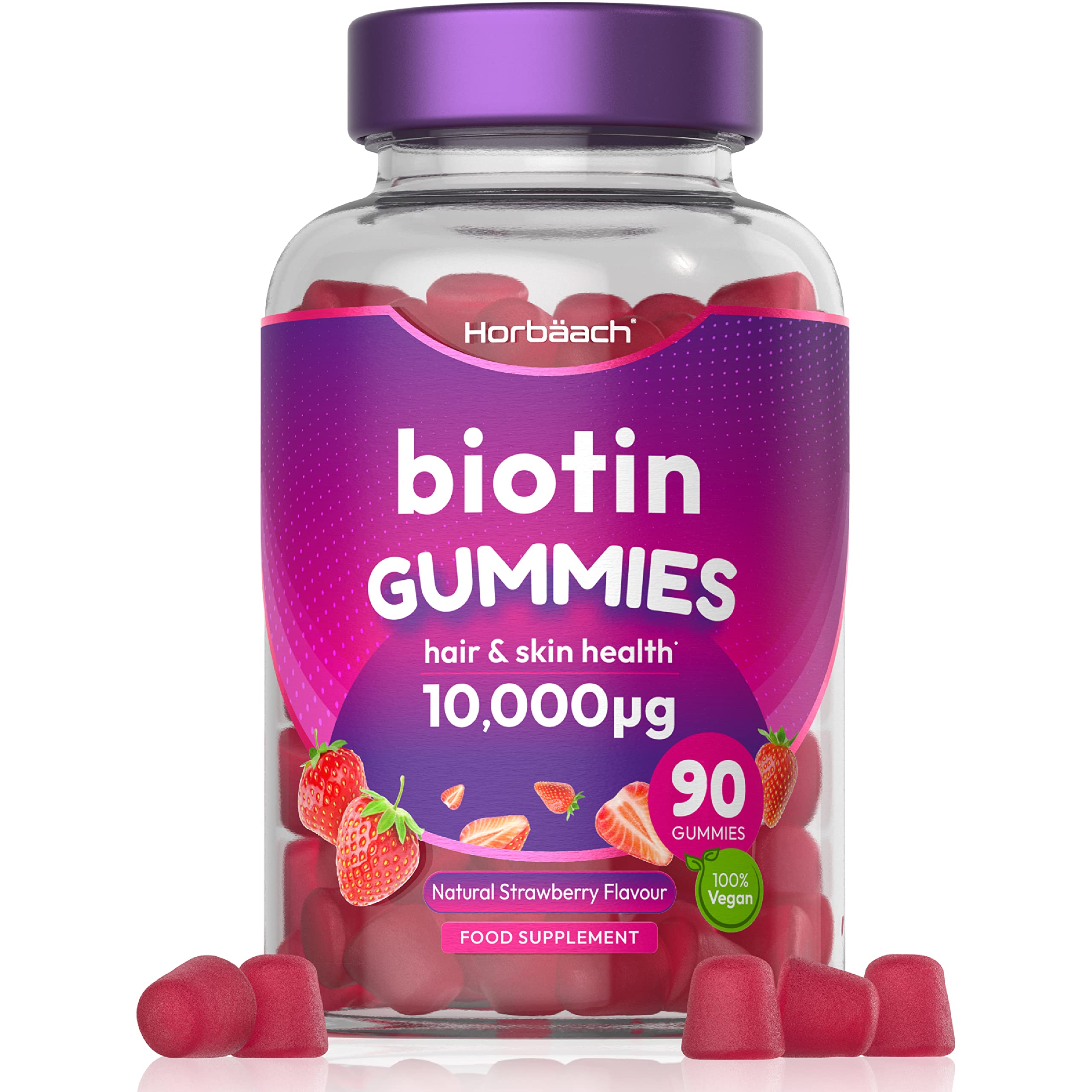 Biotin Gummies 10,000mcg | 90 Vegan Vitamins | Natural Strawberry Flavour Horbäach Au supplements