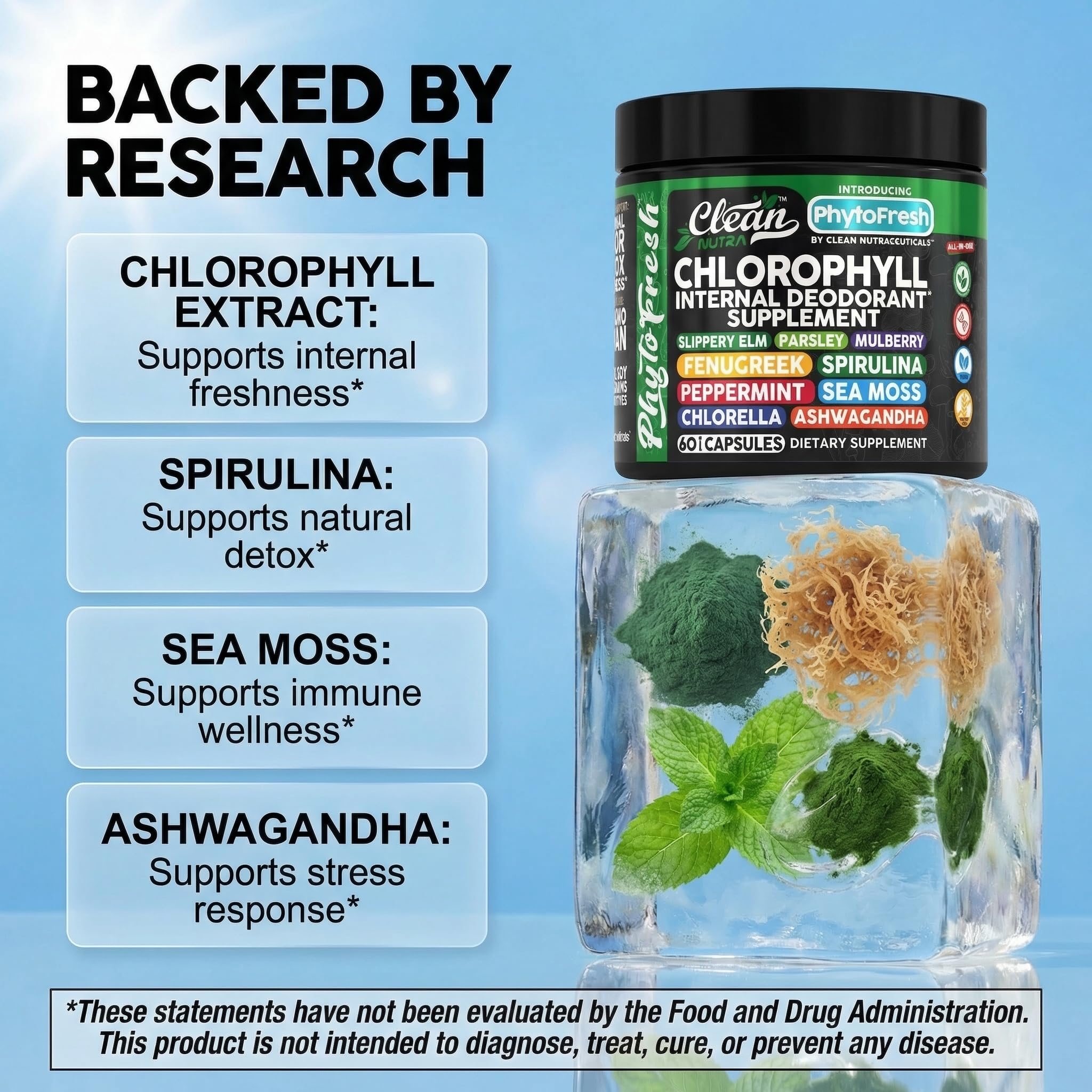 Clean Nutra Chlorophyll Capsules Supplement Internal Deodorant Peppermint, Sea Moss, Parsley, Chlorella, Spirulina, Slippery Elm, Ashwagandha, PhytoFresh Greens Detox Pills Clean Nutraceuticals Au supplements