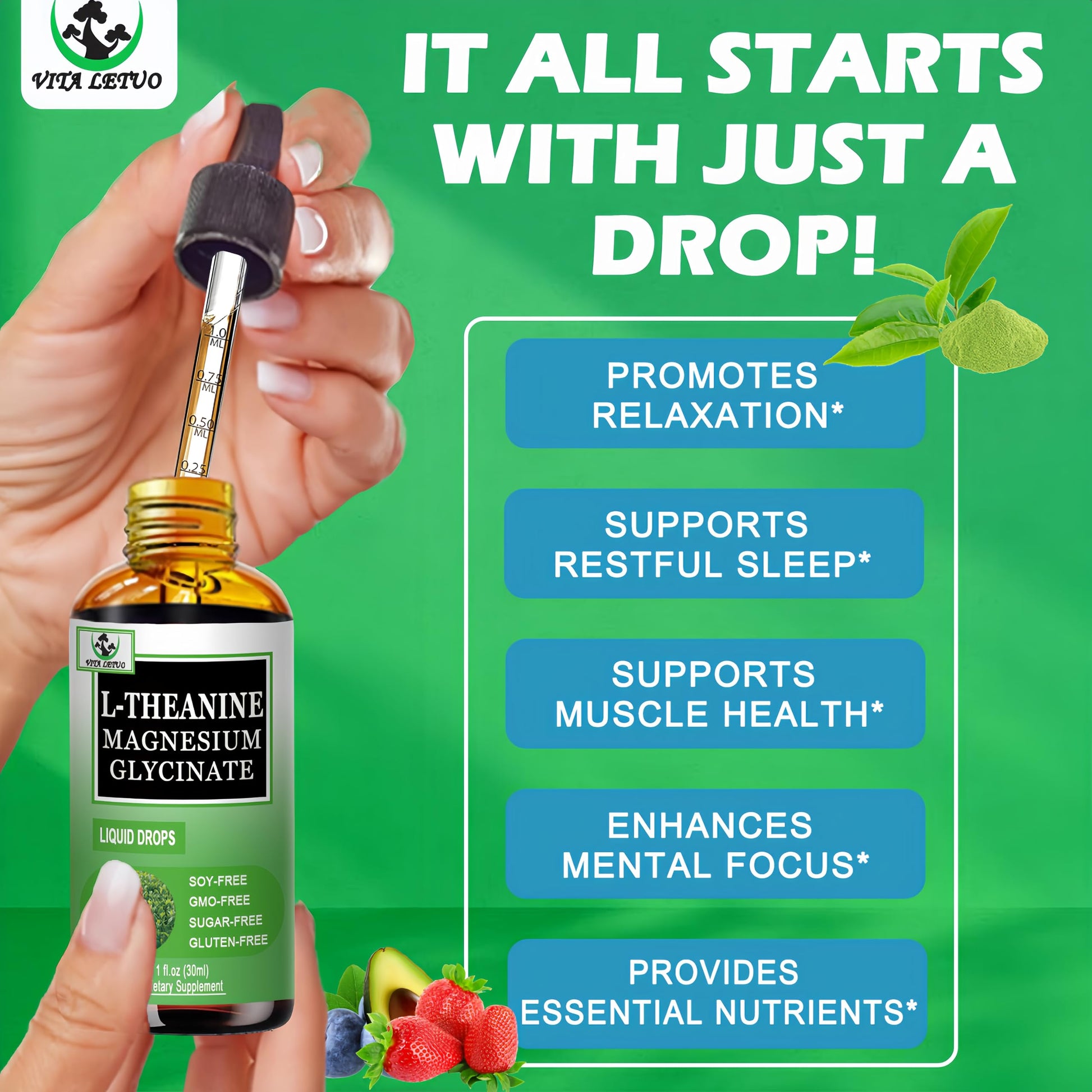 L Theanine Drops, Liquid L-Theanine Supplement 200mg w/Magnesium Glycinate,Vitamins,Fiber for Relaxation,Sleep,Digestion, Calm,High Absorption Mood Support for Adults & Kids,Plant Based,Non-GMO Vita letuo Au supplements
