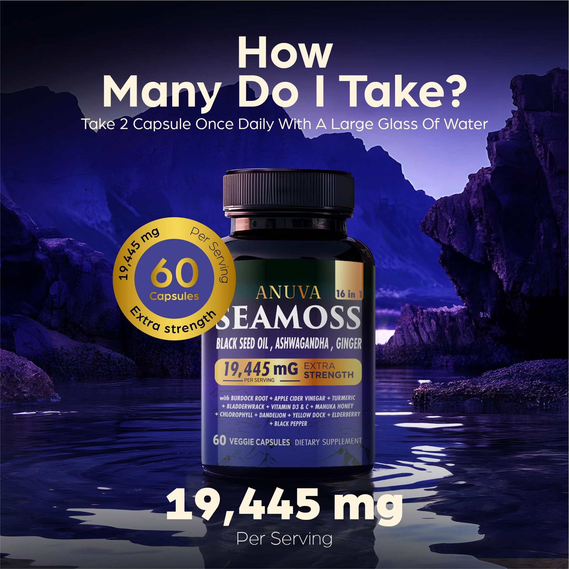Anuva 16-in-1 Sea Moss Capsules | Black Seed Oil, Ashwagandha, with Vitamin C, D3, Turmeric, Burdock, Bladderwrack & Multi-Minerals | Immune, Skin, Joint & Energy Support | 60 Veggie Capsules Anuva Au supplements