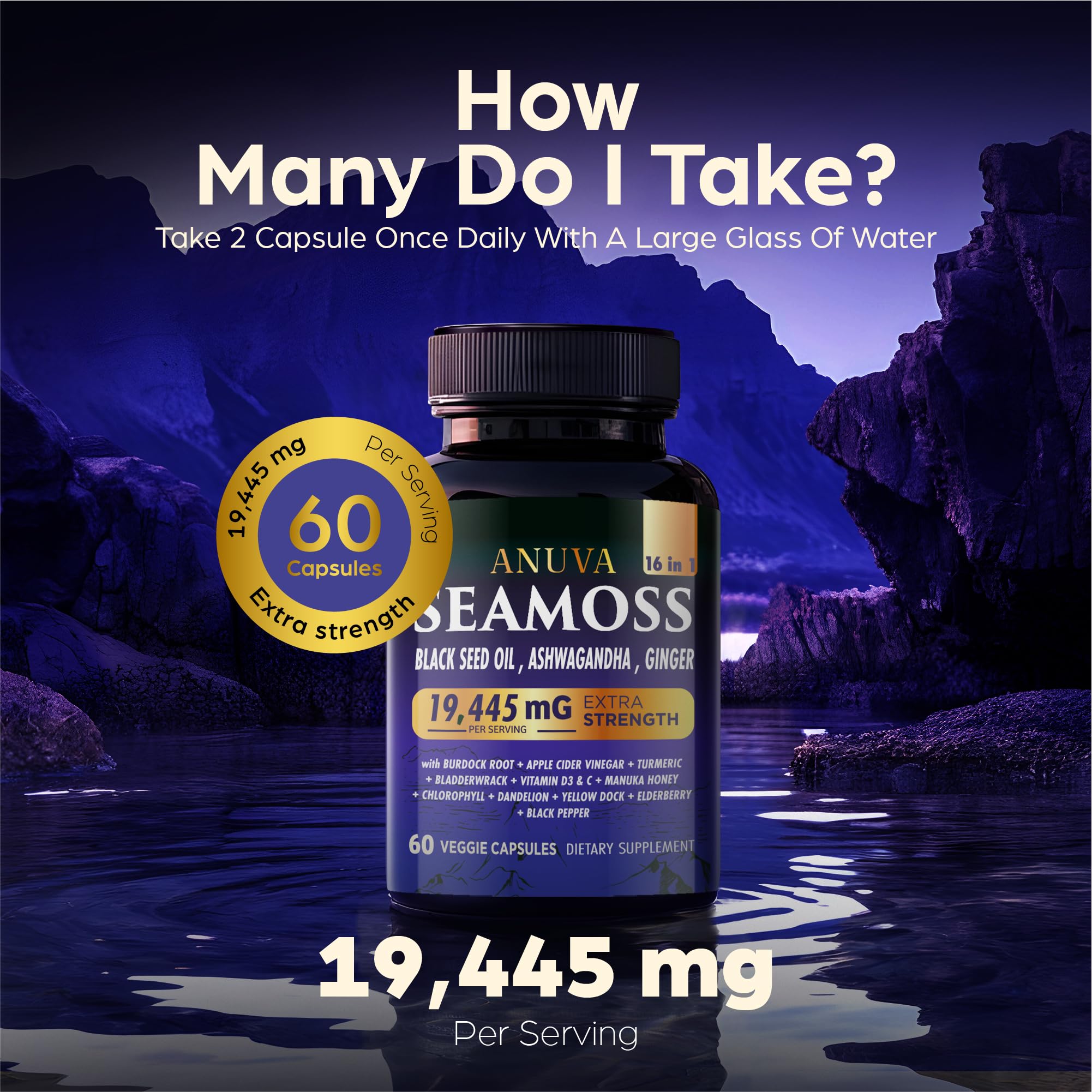 Anuva 16-in-1 Sea Moss Capsules | Black Seed Oil, Ashwagandha, with Vitamin C, D3, Turmeric, Burdock, Bladderwrack & Multi-Minerals | Immune, Skin, Joint & Energy Support | 60 Veggie Capsules Anuva Au supplements