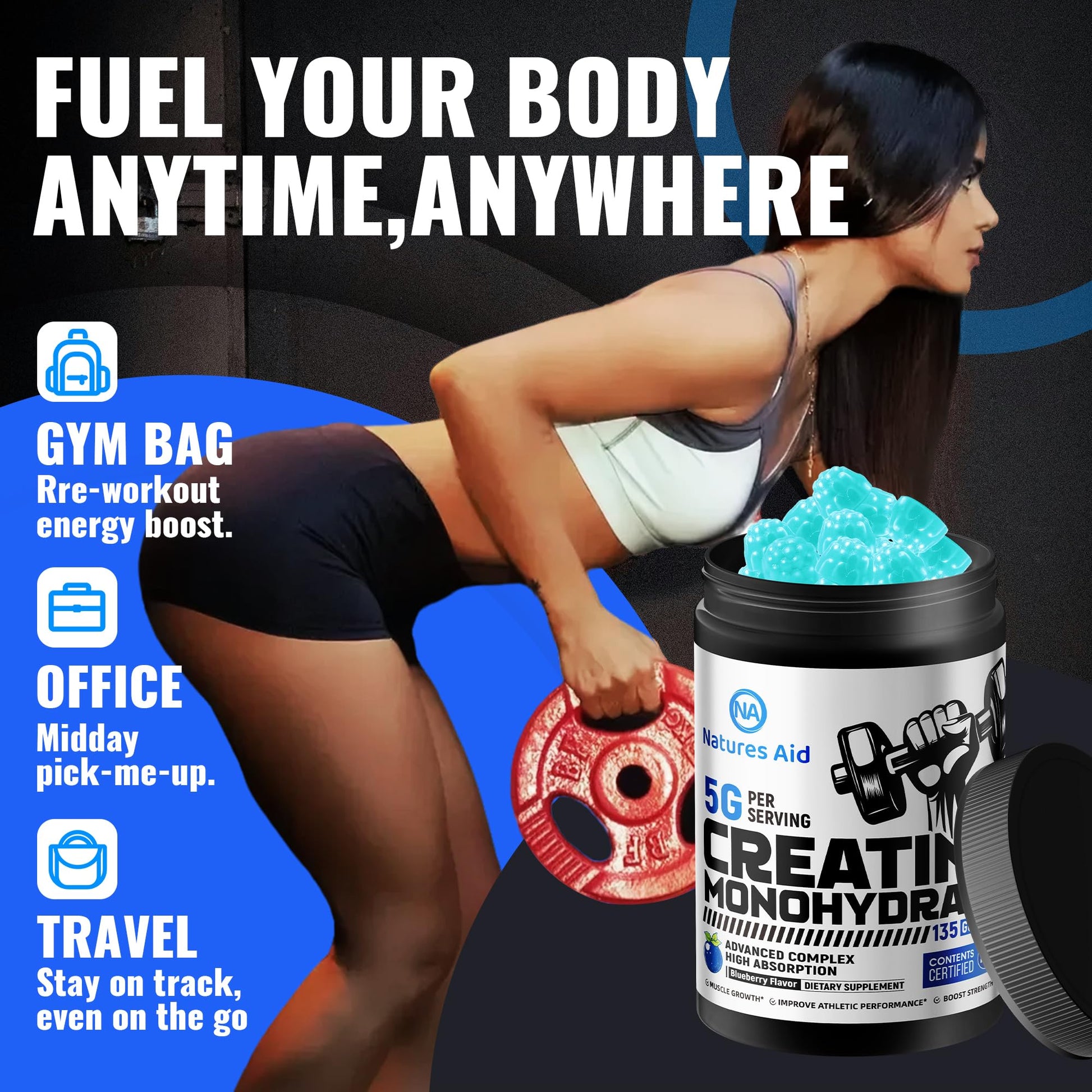 Natures Aid NSF Certified Creatine Gummy 5g - Creatine Monohydrate Gummies – Pre-Workout Energy & Muscle Growth Support for Men & Women | Blueberry Electrolyte Gummies (135 Count) Natures Aid Au supplements