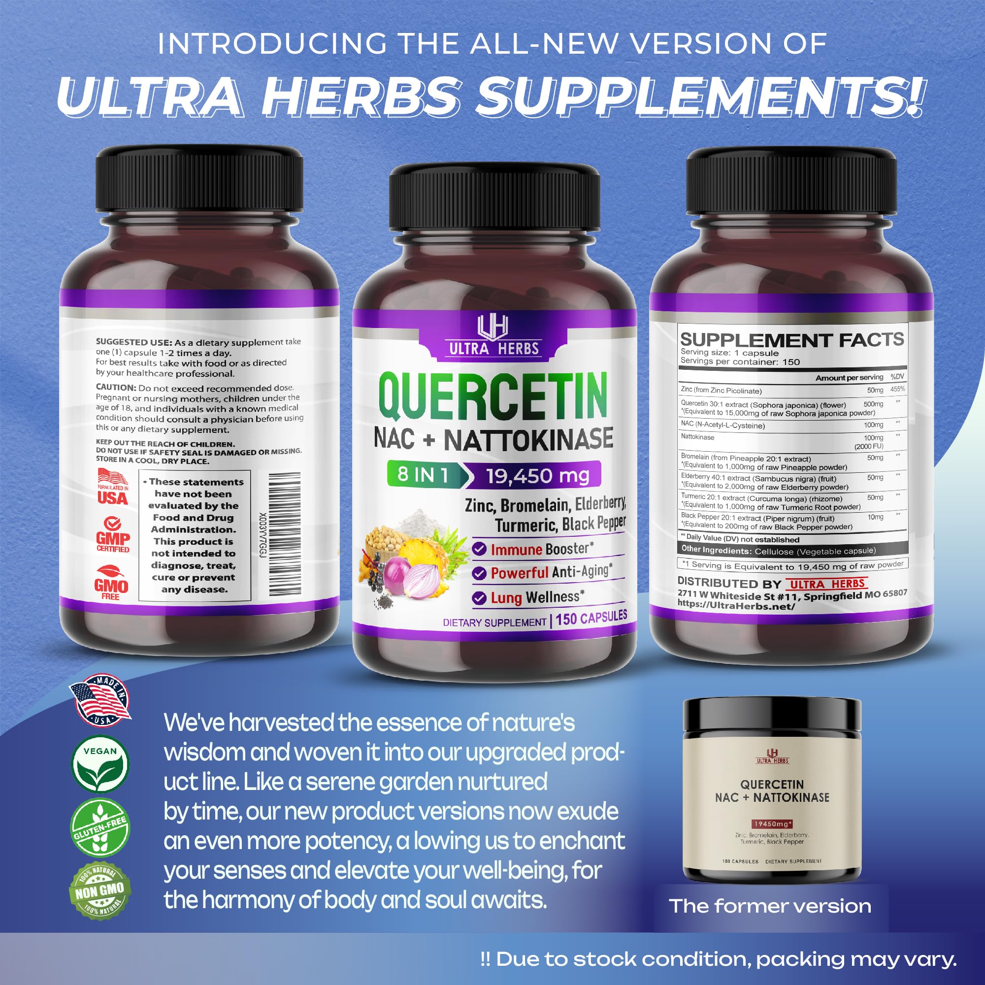 Quercetin 19,450mg 8 IN 1 with NAC, Nattokinase, Zinc, Bromelain, Elderberry, Turmeric ULTRA HERBS Au supplements