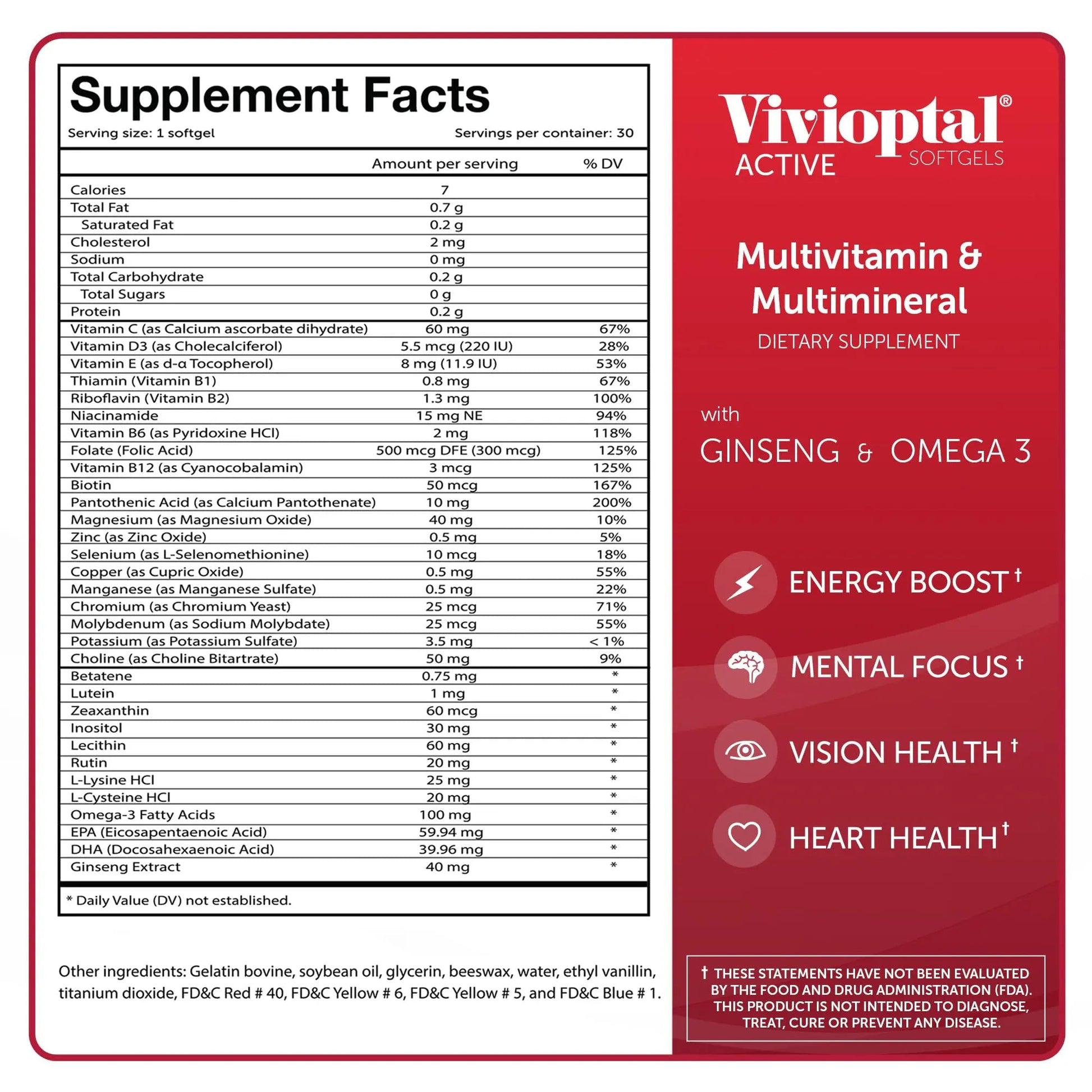 Vivioptal Active, 30 Softgels, Ginseng & Omega 3, Multivitamin & Multimineral, Gluten Free, German Formula Vivioptal Vitamins Au supplements