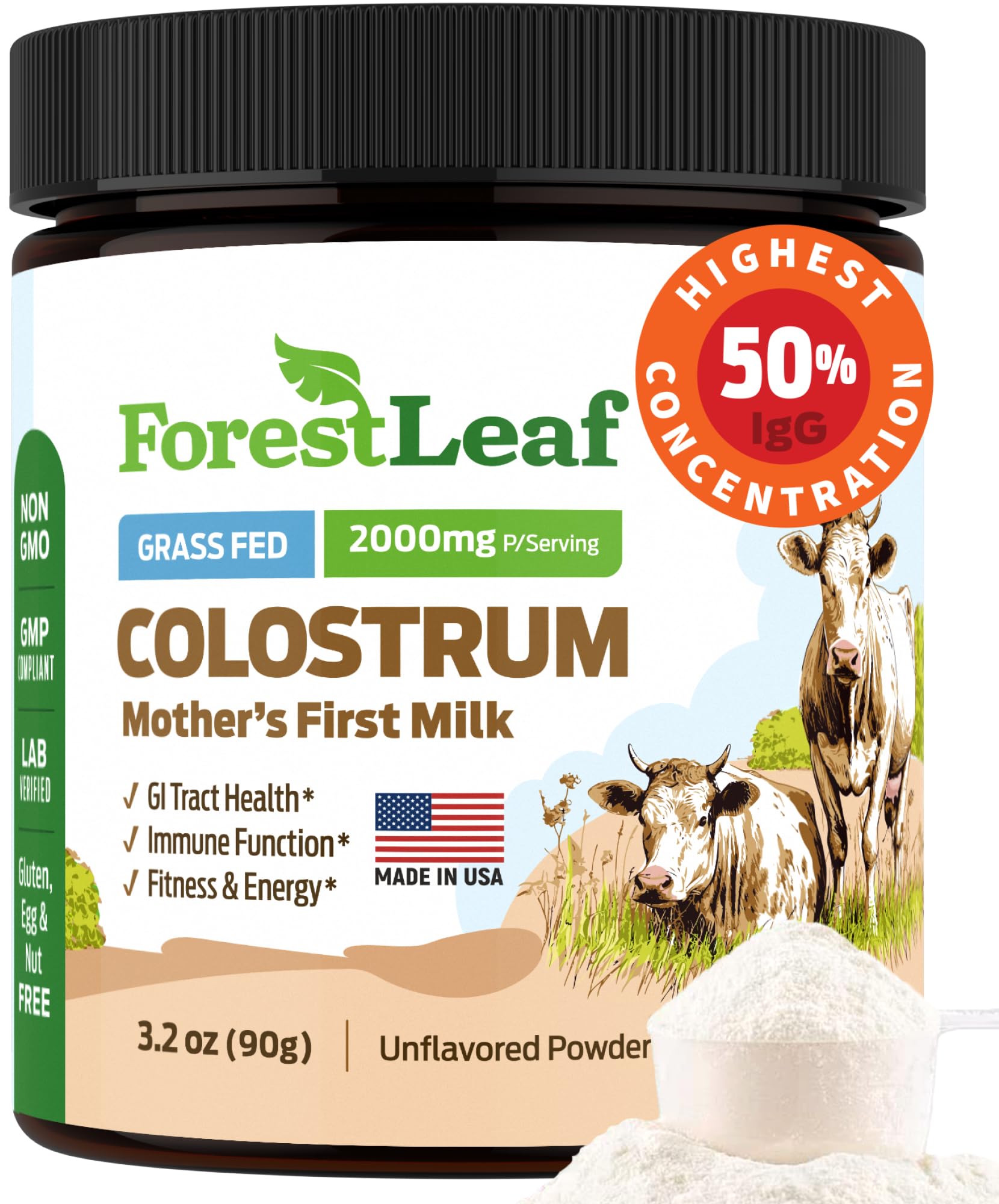 ForestLeaf Colostrum Powder 50% IgG Highest Pure Concentration, Grass Fed Colostrum Supplement for Gut Health, Immune Support and Muscle Recovery, Bovine Colostrum for Humans, Unflavored, 45 Servings ForestLeaf Au supplements