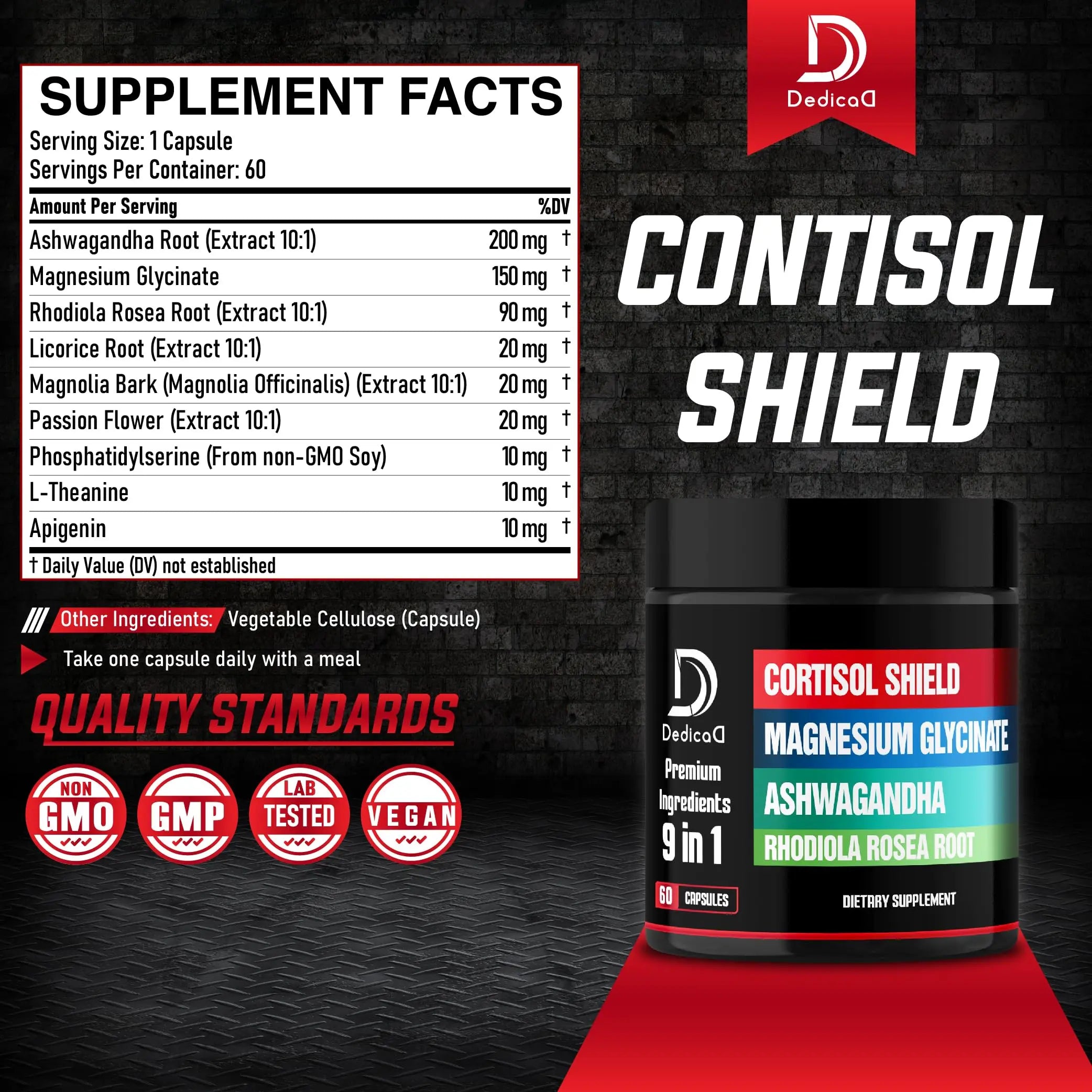 DEDICAD 9in1 Cortisol Shield - Magnesium Glycinate & Ashwagandha with Rhodiola, Phosphatidylserine, Passion Flower, L-Theanine, Apigenin, Licorice, Magnolia - Rest Well & Mood Balance - 60 Count DEDICAD Au supplements