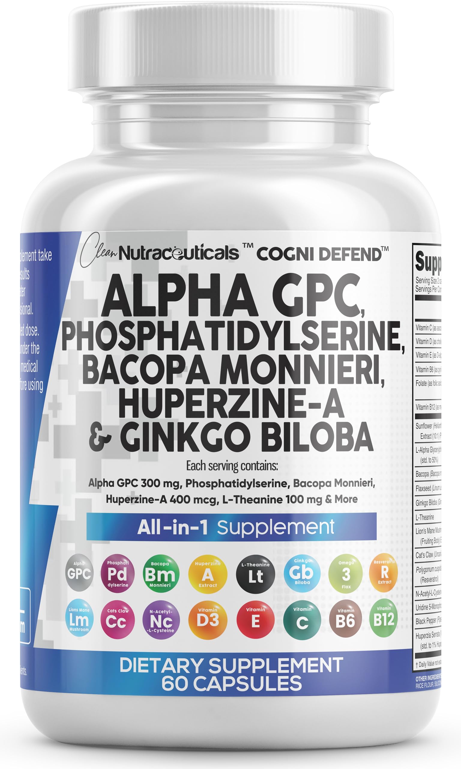 Brain Supplement Alpha GPC 300mg Phosphatidylserine Bacopa Monnieri Ginkgo Biloba Lions Mane Huperzine A L-Theanine NAC Nootropic Memory Focus Cognitive Support Vitamins B C D E 60 Capsules USA Clean Nutraceuticals Au supplements