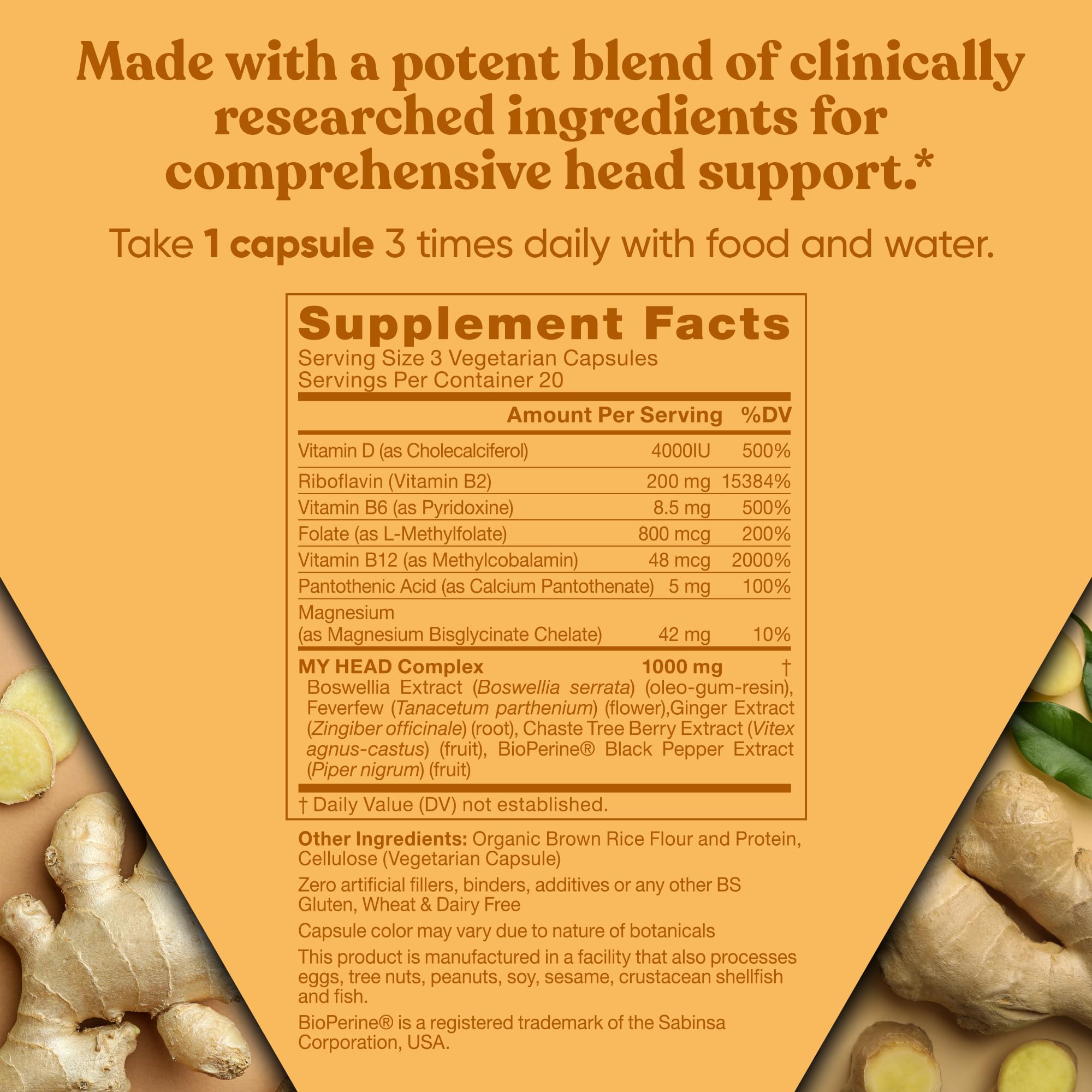 My Head! Headache Vitamins – Sensitivity, Tension, Comfort, Healthy Head Function for A Clear Mind – Fast acting Magnesium, Feverfew, Boswellia, Vitamin D, Ginger, & More – 60 Soft Capsules Eu Natural Au supplements