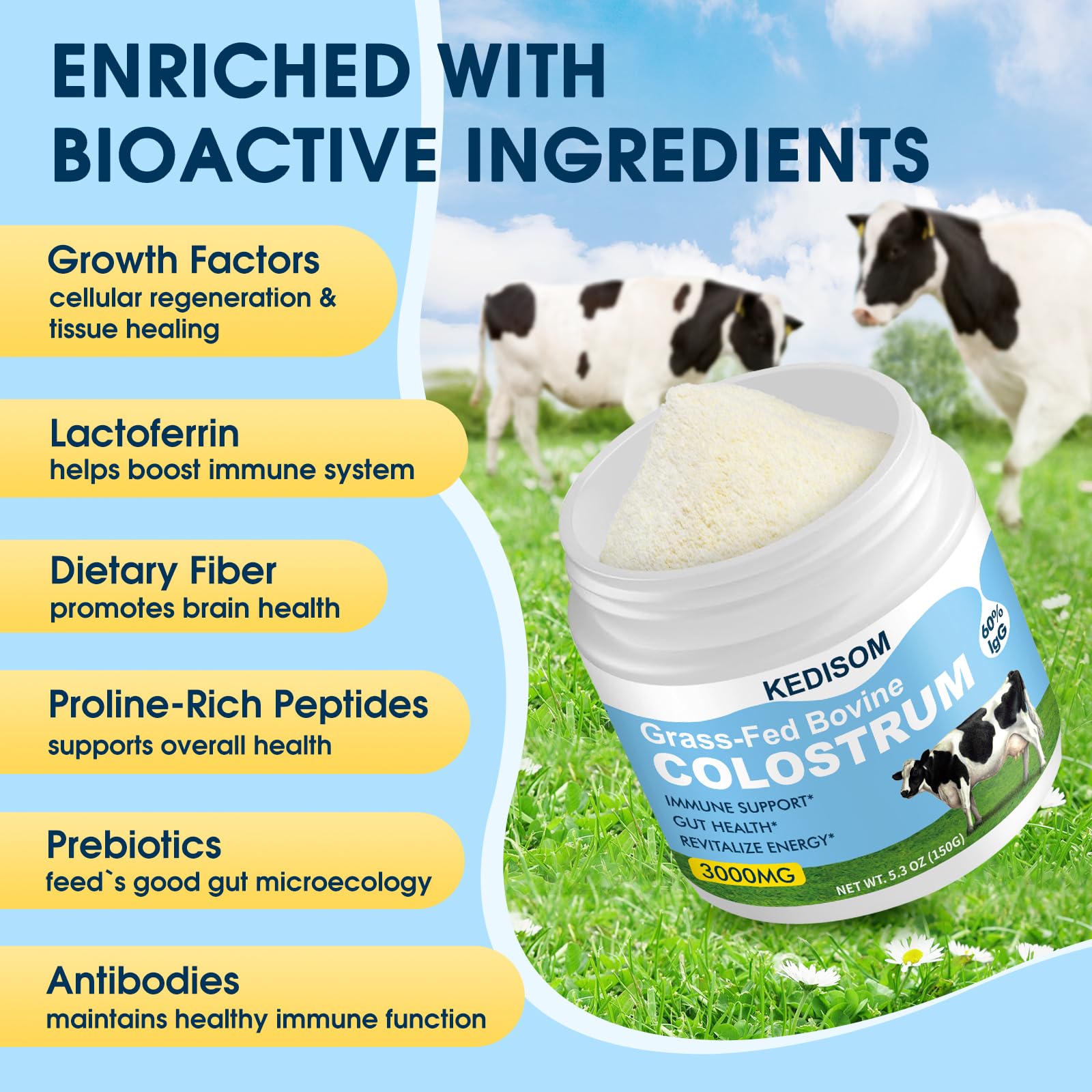 KEDISOM Grass-Fed Bovine Colostrum Supplement Powder - 60% High IgG 3000 mg for Gut Health, Immune Support - Easy to Mix Natural Liposomal Colostrum Superfood, Unflavored, 50 Servings KEDISOM Au supplements