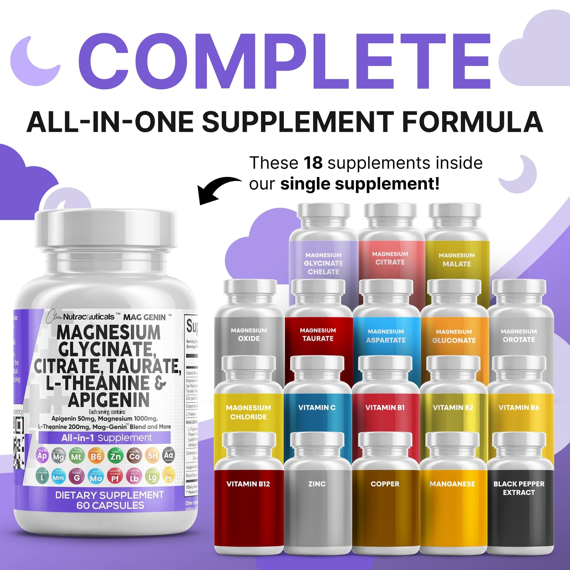Clean Nutraceuticals Magnesium Glycinate Complex 1000mg with L-Theanine 200mg Apigenin 50mg Citrate Taurate Supplement - 5-HTP GABA Passion Flower Lemon Balm L-Glycine Phosphatidylserine - 60 Count Clean Nutraceuticals Au supplements