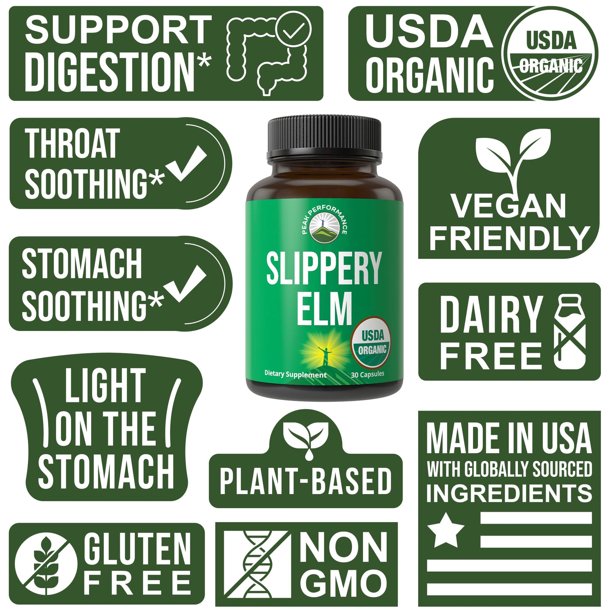 USDA Organic Slippery Elm for Women & Men. Vegan Capsules with Micronized Slippery Elm Bark Powder for Digestion, Bloating Relief, & Gut Lining. Natural Mucilage That Soothes The Throat & Airways Peak Performance Au supplements