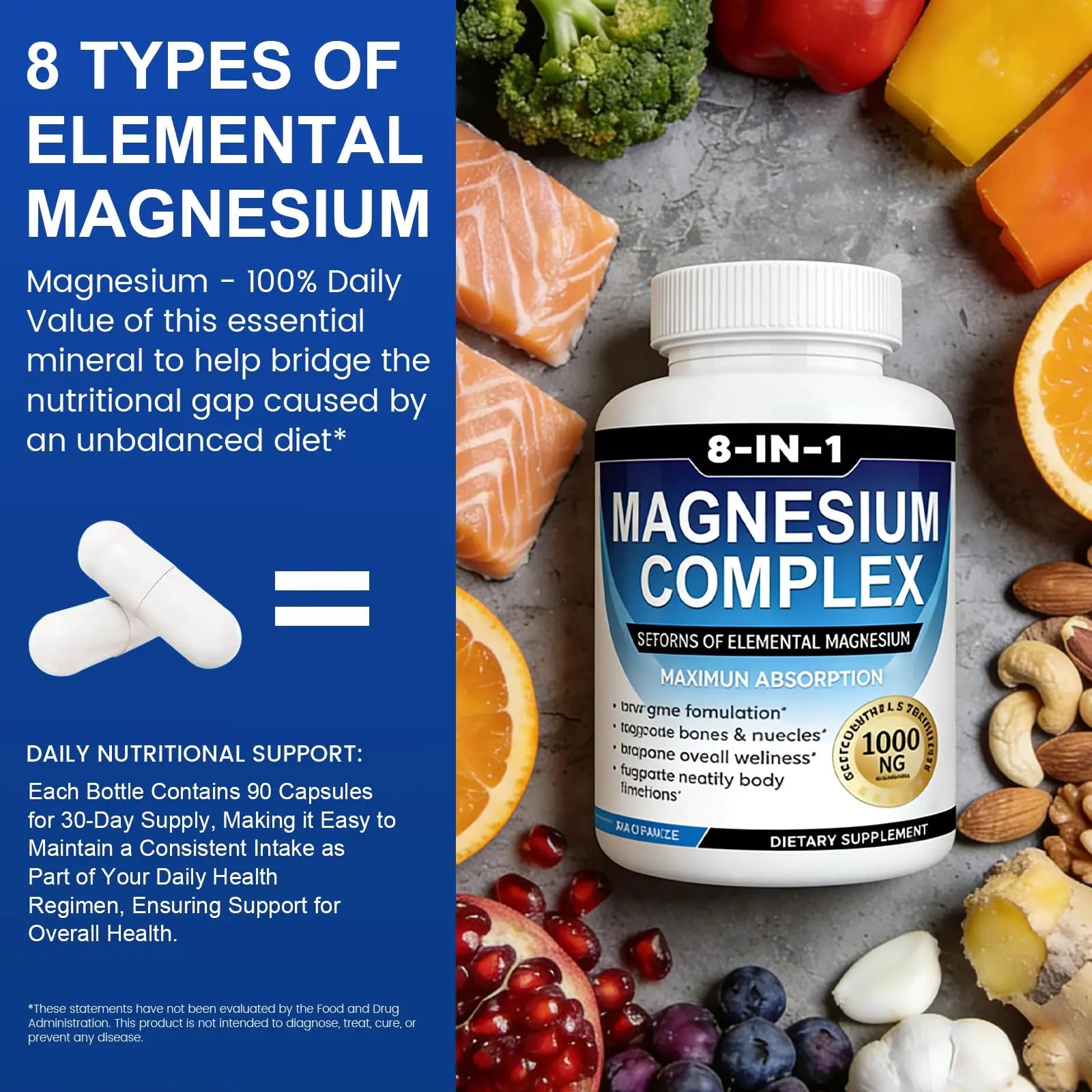 Magnesium Complex Supplement 8-in-1 Elemental 1000mg, Magnesium Glycinate, Malate & Citrate, Vegan, Non-GMO 90 Capsules MIRACLE OFFICIAL Au supplements