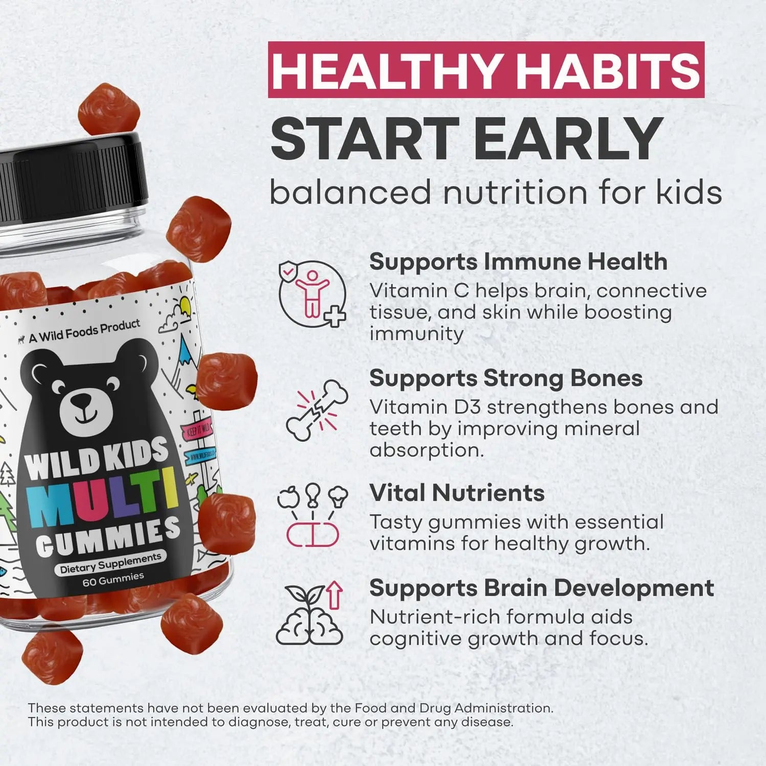 Wild Foods Kids Multivitamin Gummies – Natural Skin, Immune & Bones Support with Kids Vitamins A, C, D, E, B12, Iron & DHA Wild Foods Au supplements