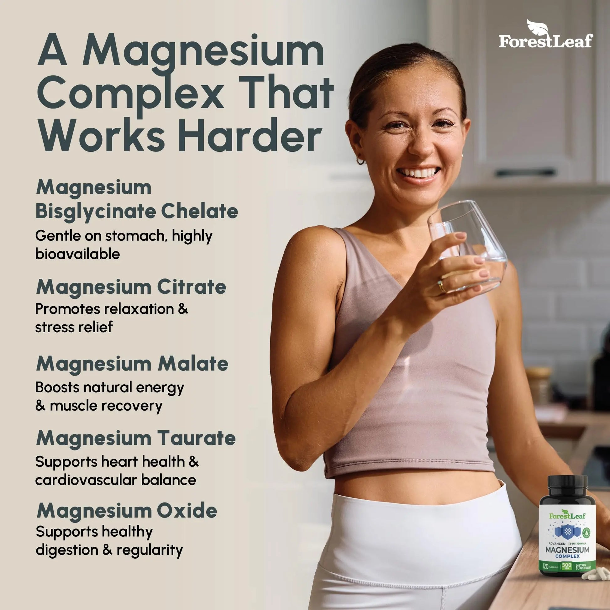 ForestLeaf Magnesium Complex for Women and Men - 500mg Magnesium Supplement for Sleep - 5-in-1 Chelated Magnesium Citrate, Bisglycinate, Malate, Taurate, Oxide (120 Ct) ForestLeaf Au supplements