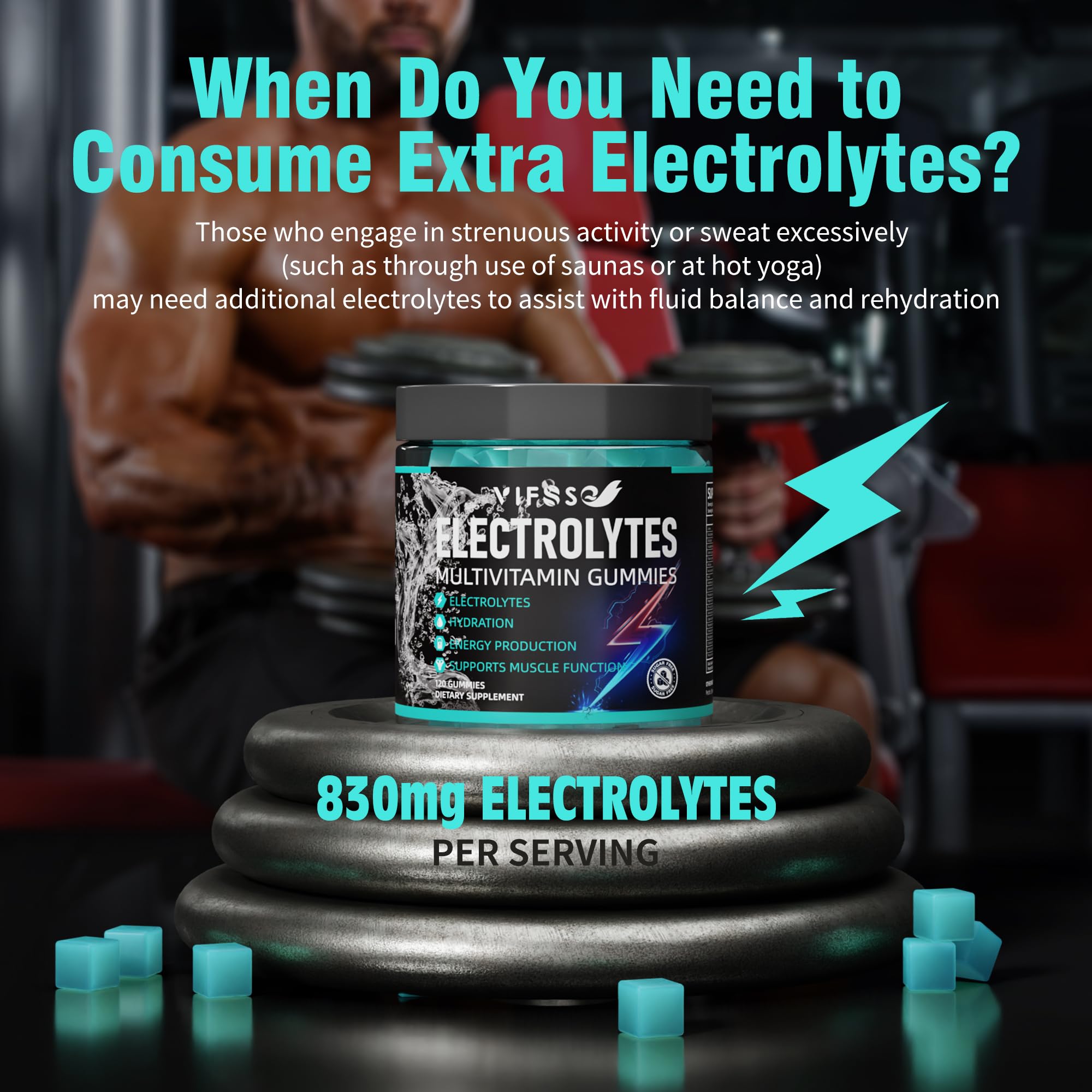 VIFSSG Electrolytes Gummies No Sugar, 120 Chewable Electrolyte Gummies with 6 Electrolytes for Runners and Endurance Sports, Refreshing Blue Raspberry, Hydration Electrolyte Chews, 1 Pack