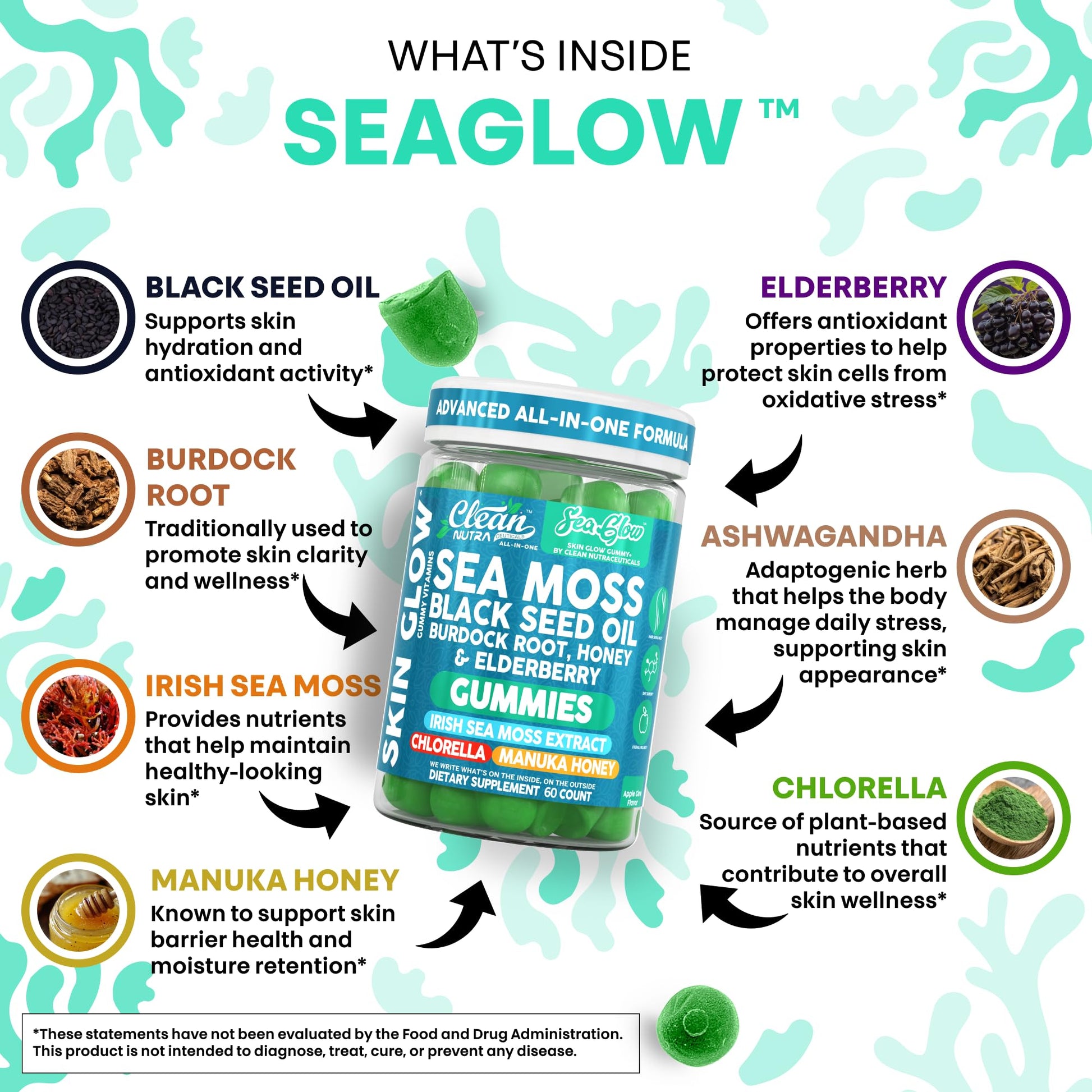 Clean Nutra Sea Moss Gummies Black Seed Oil Chlorella Ashwagandha Root Hair Growth Skin Glow Irish Sea Moss Elderberry Burdock Manuka Honey Trace Minerals Detox 60 Gummy Vitamins Sea Glow Supplement Clean Nutraceuticals Au supplements