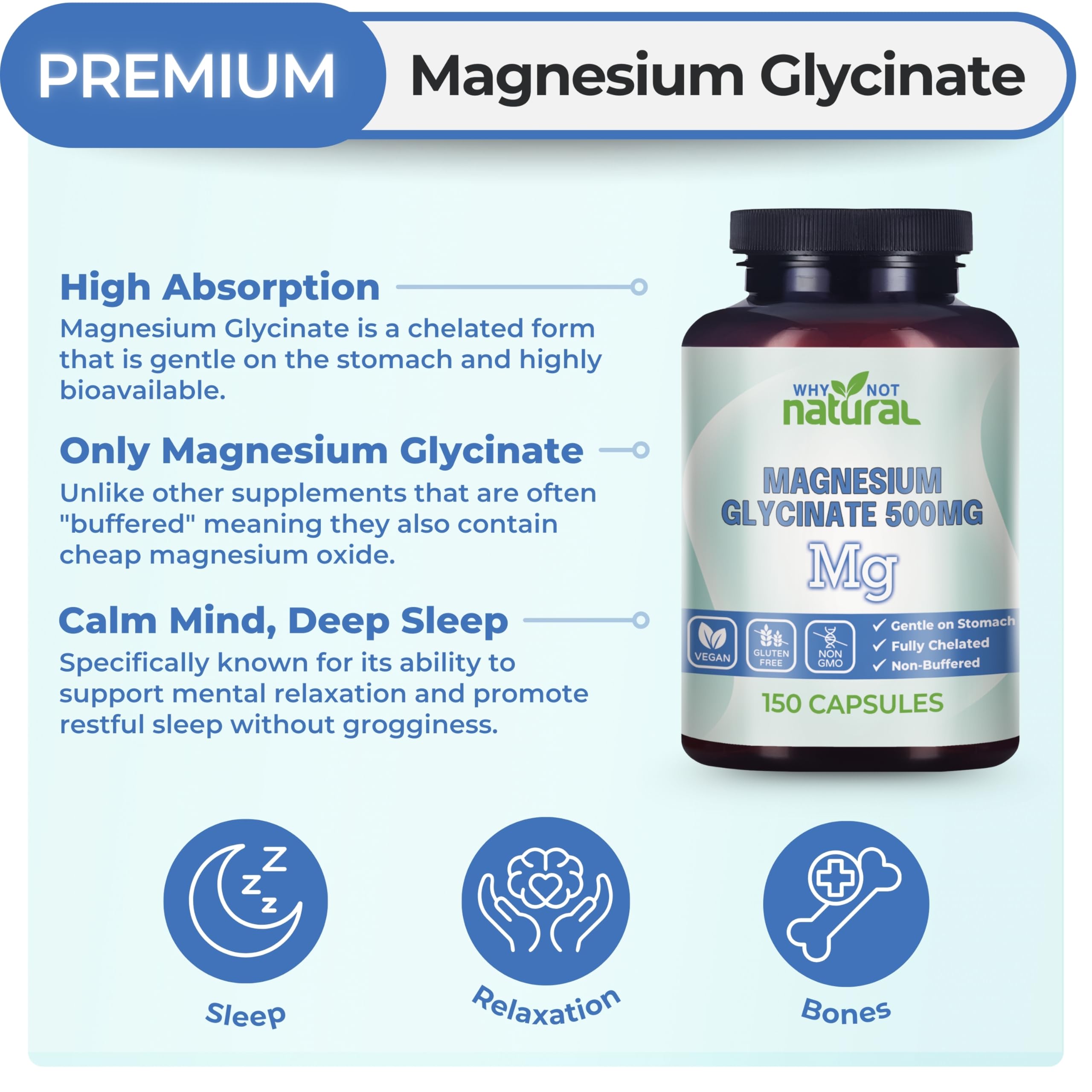 Why Not Natural Magnesium Glycinate 500 mg Capsules Supplement - Vegan, No Filler - Supports Sleep and Relaxation Why Not Natural Au supplements