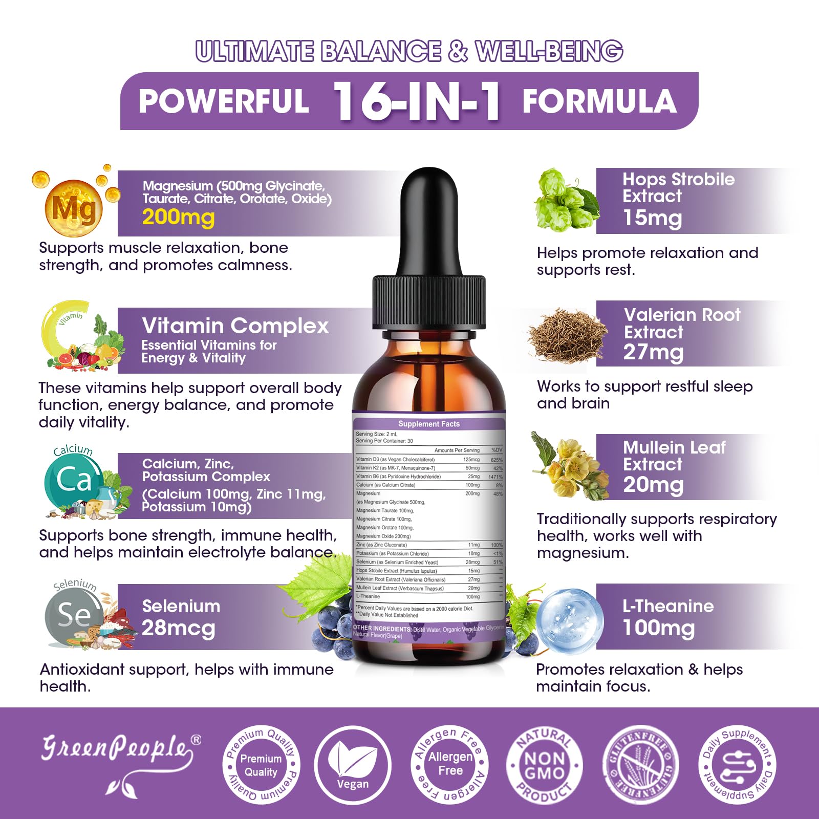 GREENPEOPLE Magnesium Glycinate Liquid Drops - 1000mg 5-in-1 High Absorption Liquid Magnesium for Sleep with D3/K2/B6 | Fast-Acting, Bone, Muscle & Sleep | Sugar-Free Grape Flavor, 2fl Oz GREENPEOPLE Au supplements