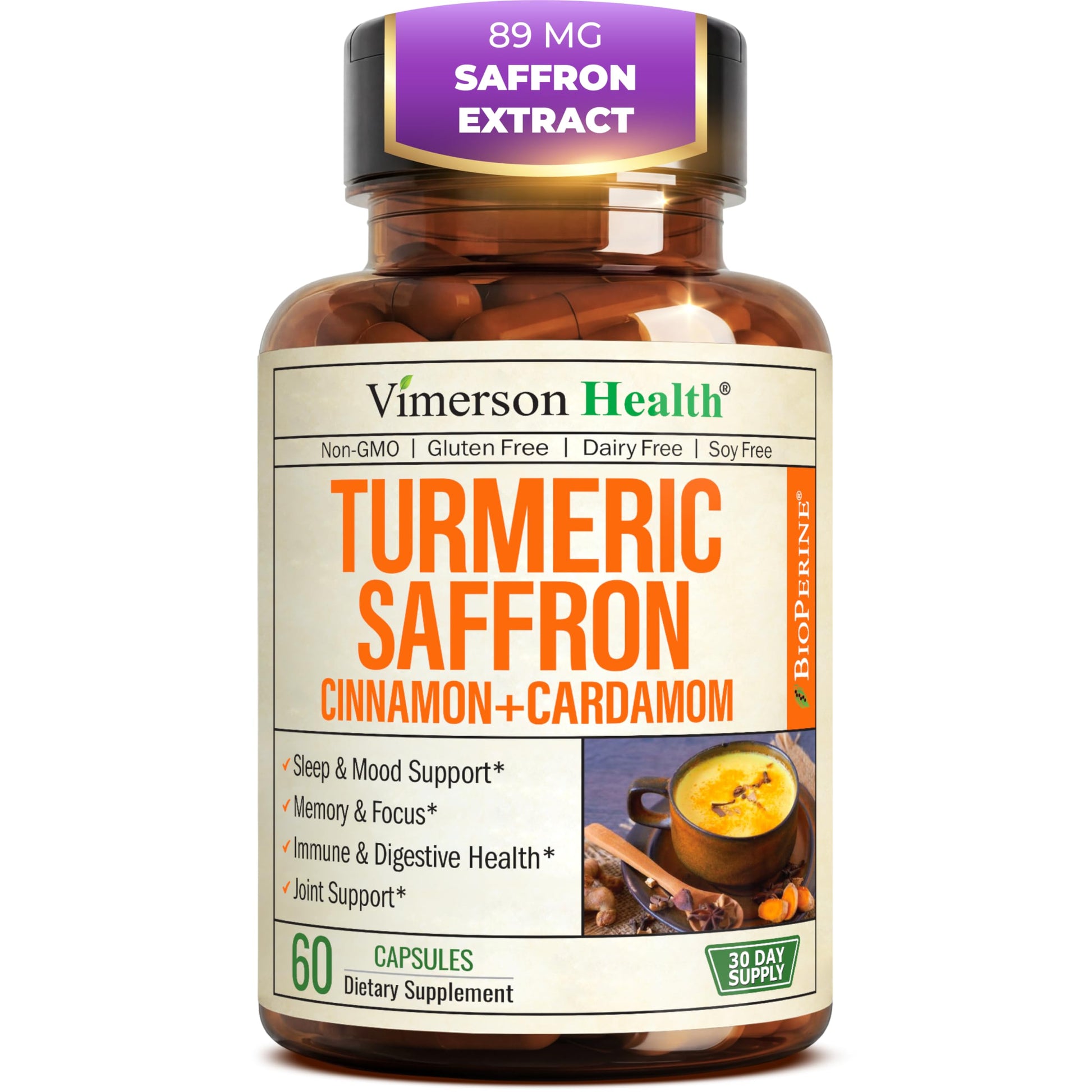 Saffron Supplements – 89mg Saffron Extract, 1000mg Turmeric Curcumin, Ceylon Cinnamon & Cardamom – Daily Mood, Joint & Metabolic Support – Joint Supplements for Women & Men – 60 Capsules Vimerson Health Au supplements