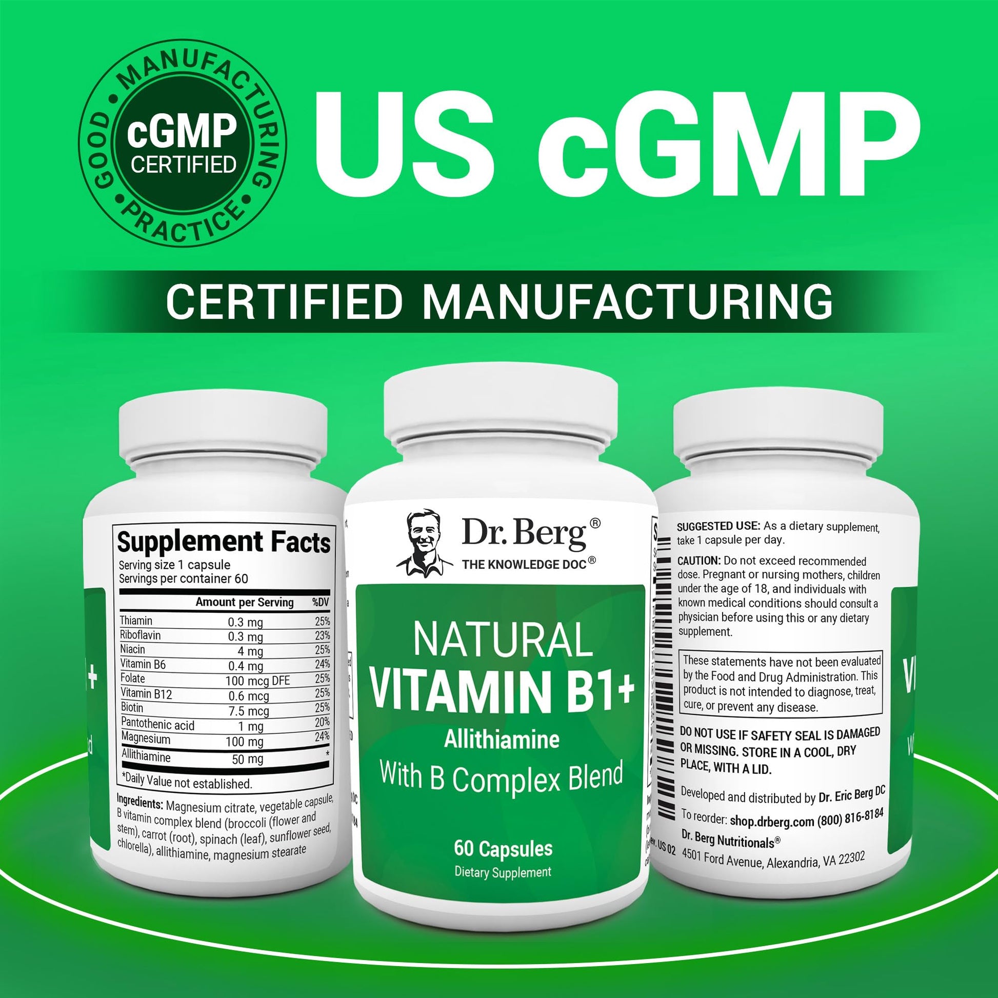 Dr. Berg Natural Vitamin B1 B6 B12 Complex - Allithiamine Vitamin B1 Supplement with 8 Essential Vitamin B Complex for Men & Women Including Thiamin, Niacin, Folate, Magnesium & More - 60 Capsules Dr. Berg Nutritionals Au supplements