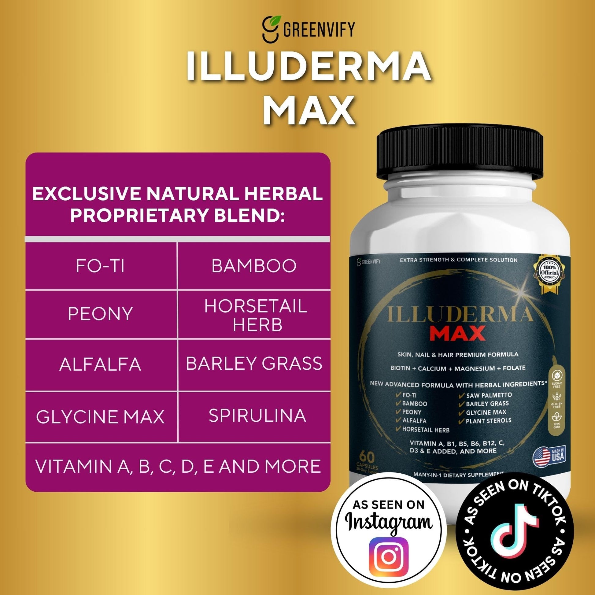 GREENVIFY Illuderma Max Hair, Skin and Nail Supplement, 60 Capsules, with Biotin 5000mcg, Vitamins and Herbal Blend (1) GREENVIFY Au supplements