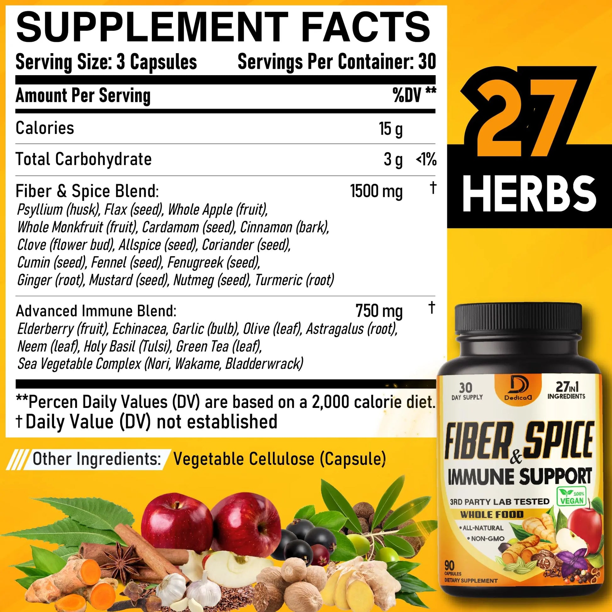 DEDICAD 27in1 Fiber and Spice Supplement - Combined with Organic Psyllium, Whole Apple, Elderberry & More - Support Mood, Body & Immunity - 90 Capsules for 1 Month DEDICAD Au supplements