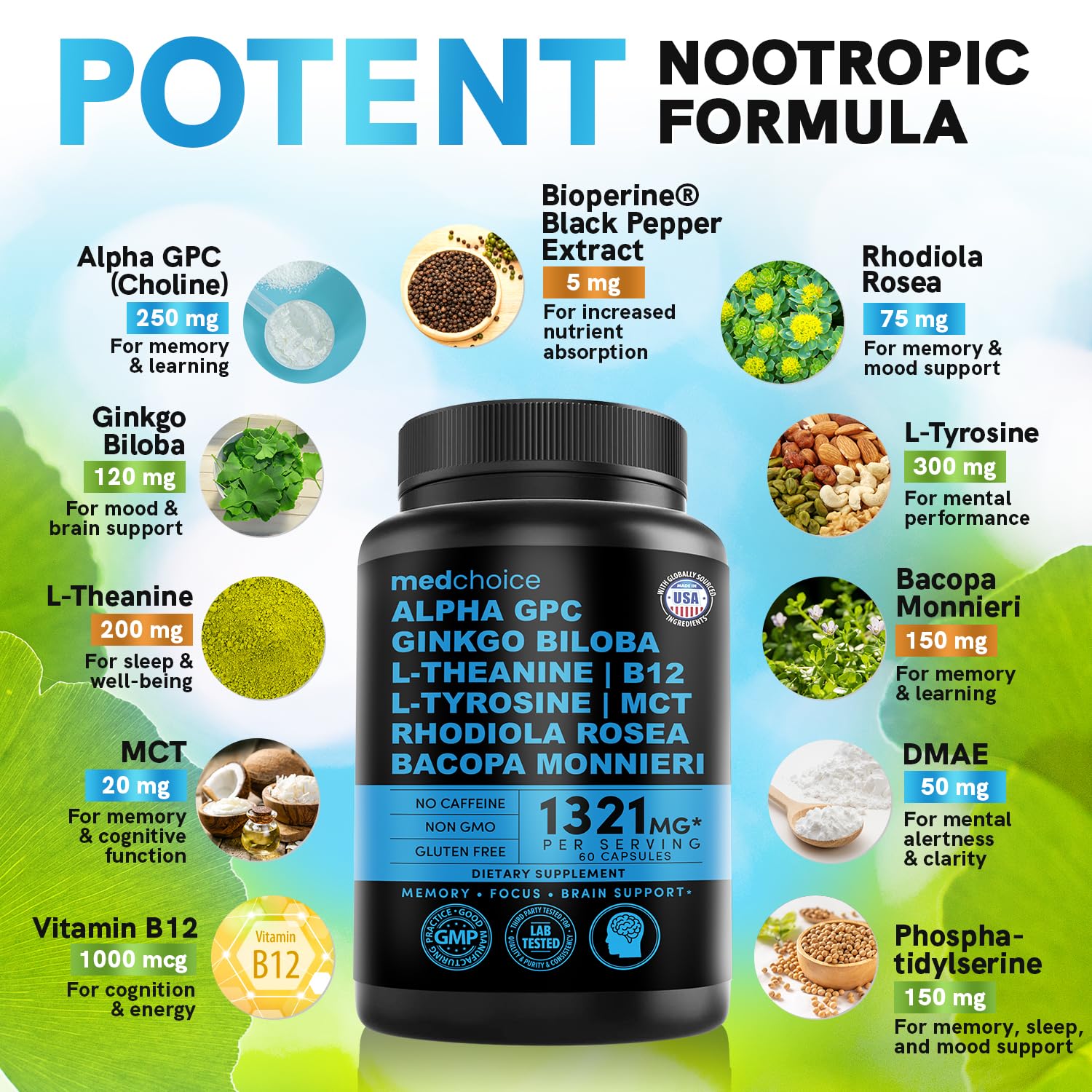 12-in-1 Nootropic Brain Supplement Anhydrous: Ginkgo Biloba for Brain Support, Memory and Focus - B12, Alpha GPC, L Theanine and Choline Supplements with Bioperine non Caffeinated 1321mg (120ct) MEDCHOICE Au supplements