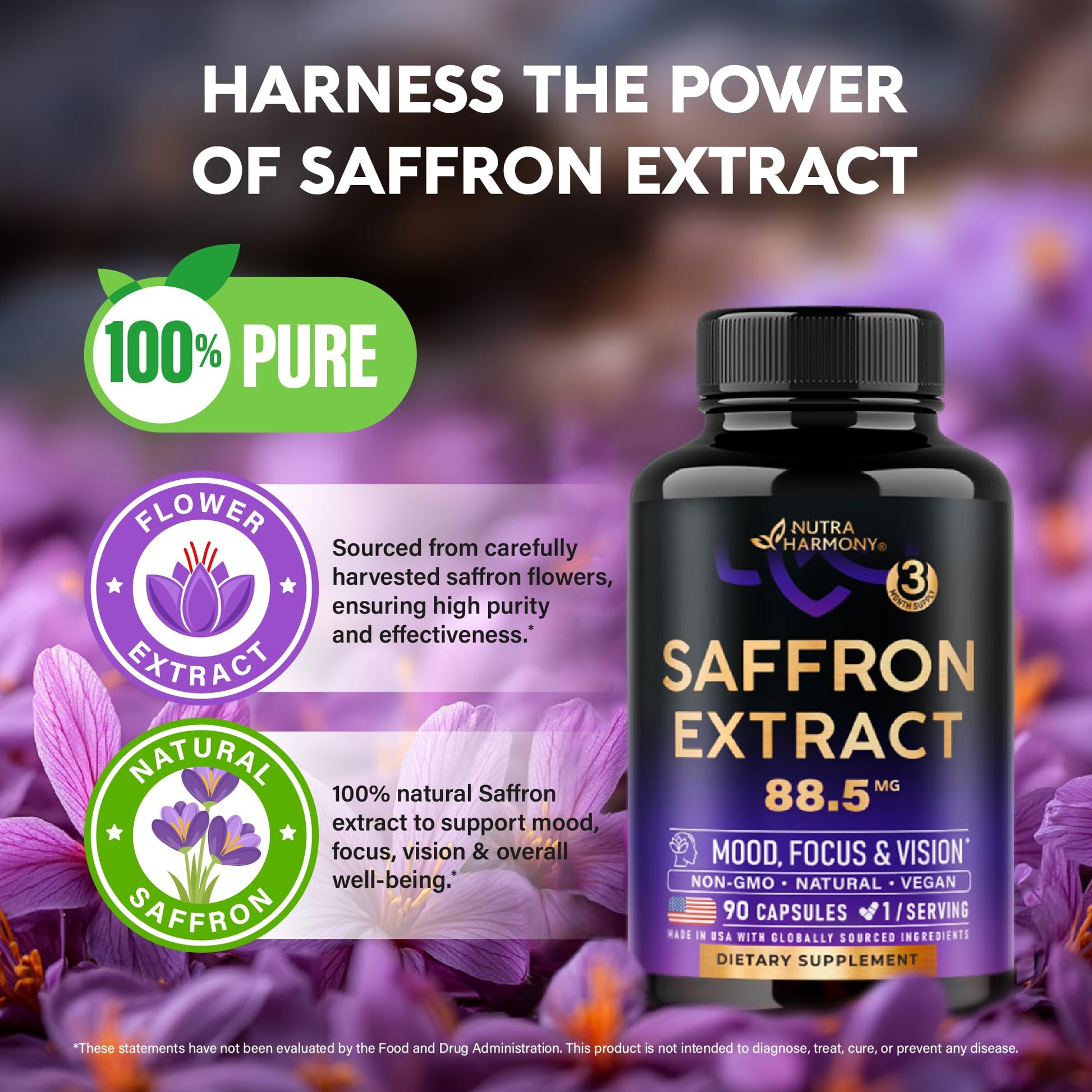 Natural Saffron Supplements - Pure Saffron Extract 88.5 mg - Made in USA - Mood | Focus | Vision | Energy Support - Eye Health for Women & Men - NonGMO Vegan Pills - 90 Powder Capsules, 3 Month Supply NUTRAHARMONY Au supplements