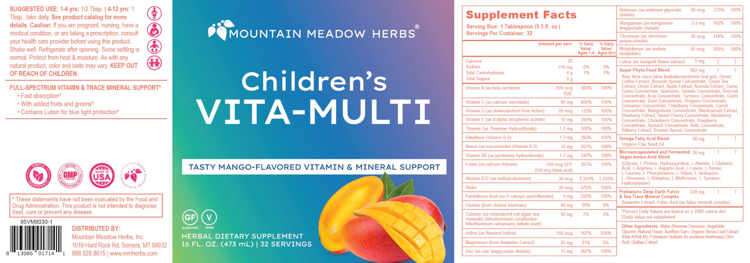 Mountain Meadow Herbs Children's Vita-Multi: Blended Vitamin & Mineral Supplement - Fast Absorbing Liquid Kids Vitamins with Fruits, Greens, and Eye-Protecting Lutein (16 oz.) Mountain Meadow Herbs Au supplements