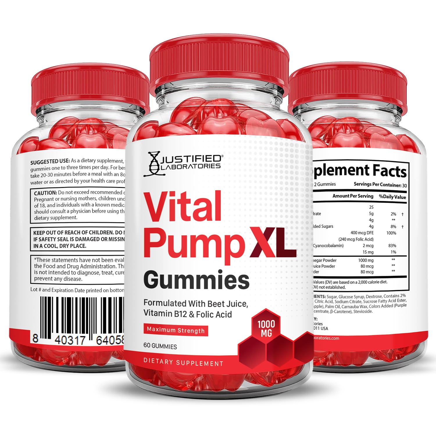 Justified Laboratories (3 Pack) Vital Pump XL Performance Gummies 1000MG Advanced Formula Vital PumpXL Formulated with Beet Juice ACV Pomegranate Beet Powder B12 Vegan Non GMO 180 Gummys Justified Laboratories Au supplements