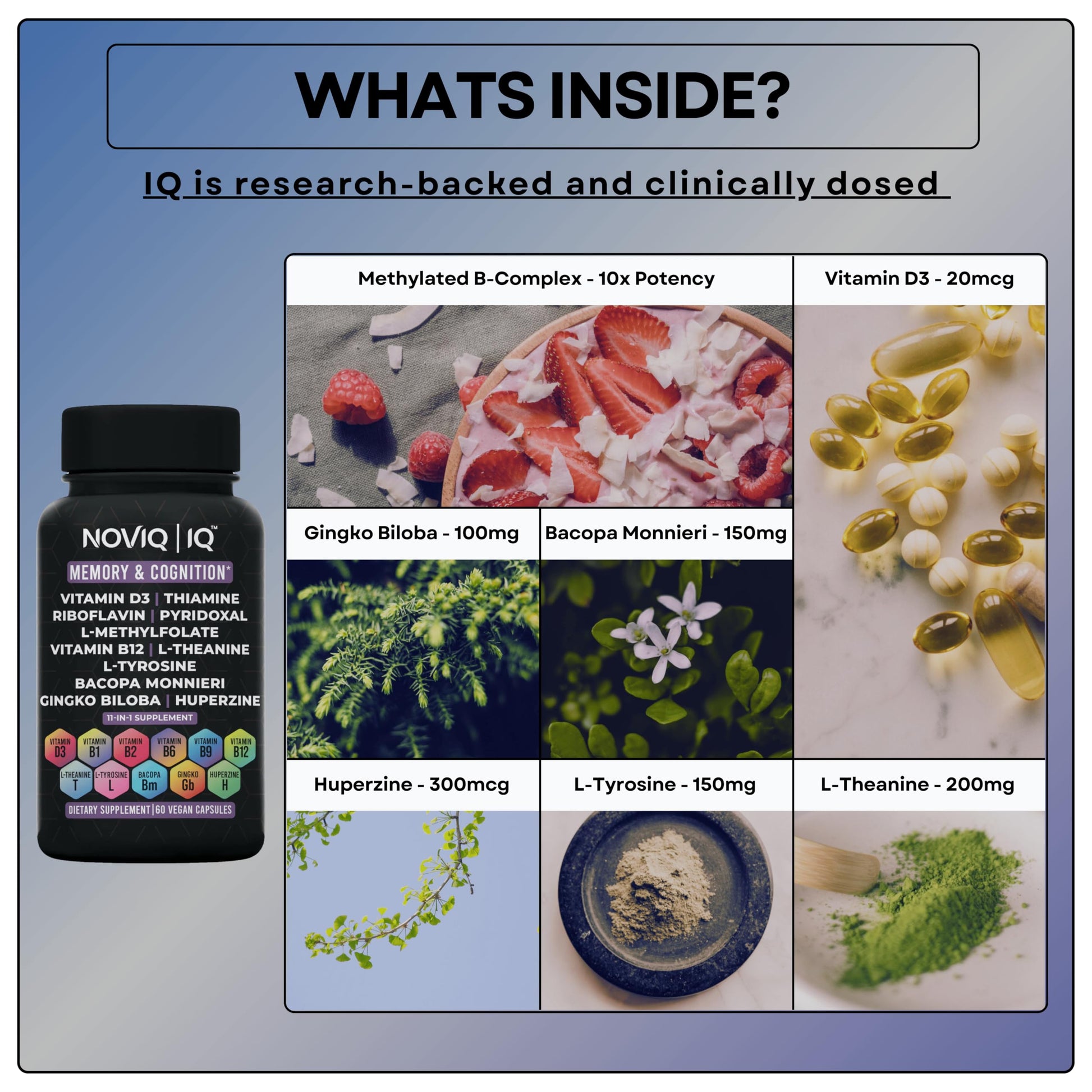 11-in-1 Nootropic Supplement: Supports Memory & Cognition - 100mg Ginkgo 150mg Bacopa 300mcg Huperzine 200mg L-Theanine 150mg L-Tyrosine & Bioactive B-Complex w/ 5-MTHF - 1,100mg+ Serving - 60 Count NOVIQ Au supplements